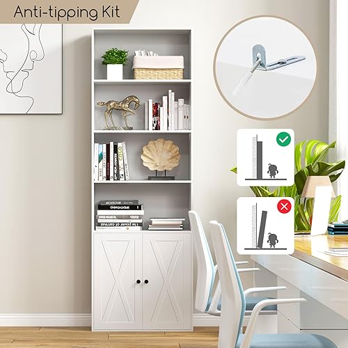 Miniatura 7 de Tangkula Estantería alta con puertas, estantería independiente de 71 pulgadas de alto con 6 estantes y armario de 2 puertas, estante de exhibición