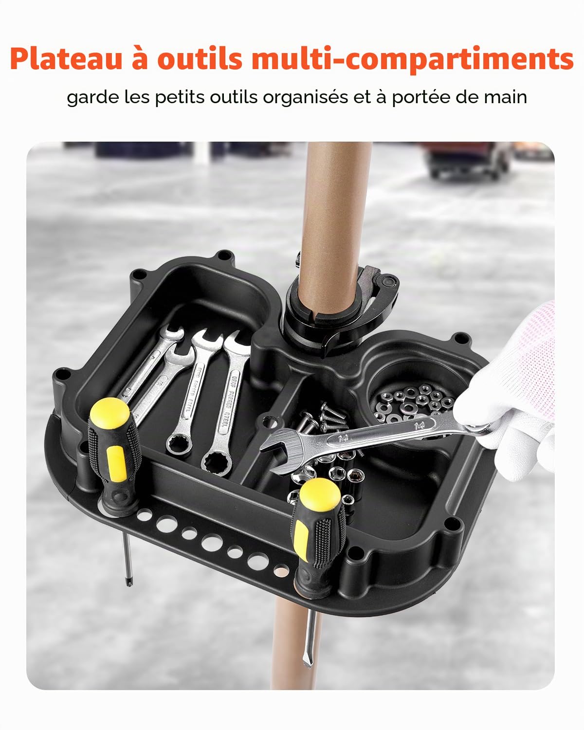 VEVOR Pied d'atelier vélo pliable, hauteur réglable de 1025-1510 mm, support de réparation de vélo robuste, charge 49,9 kg, stand de bicyclettes avec grand plateau à outils, pour VTT et vélos de route