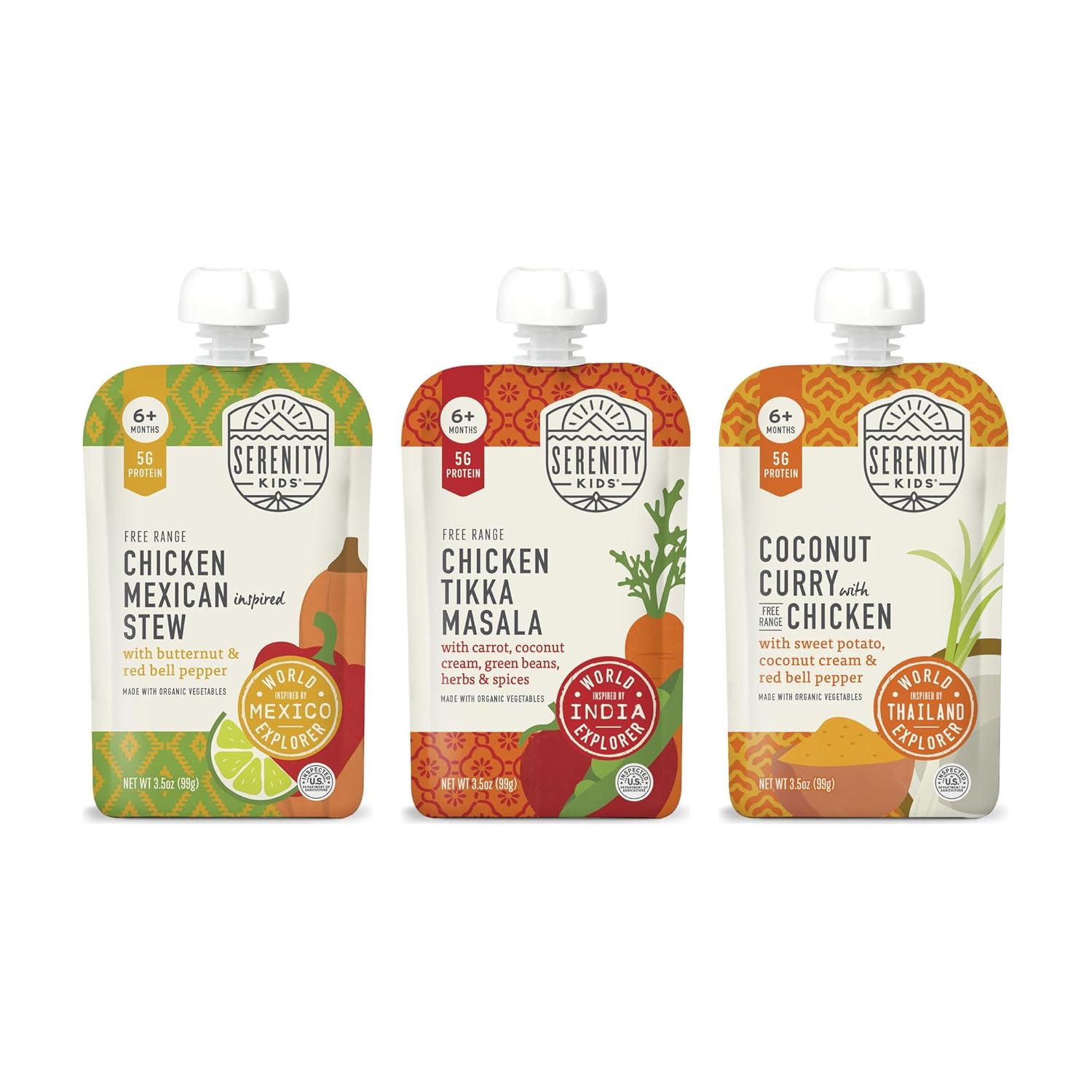 Serenity Kids World Explorers Chicken Baby Food Pouches Variety Bundle - Mexican Stew, Tikka Masala & Coconut Curry - 5g Protein Toddler Snacks - 3.5 Oz, Pack of 36, 6+ Months