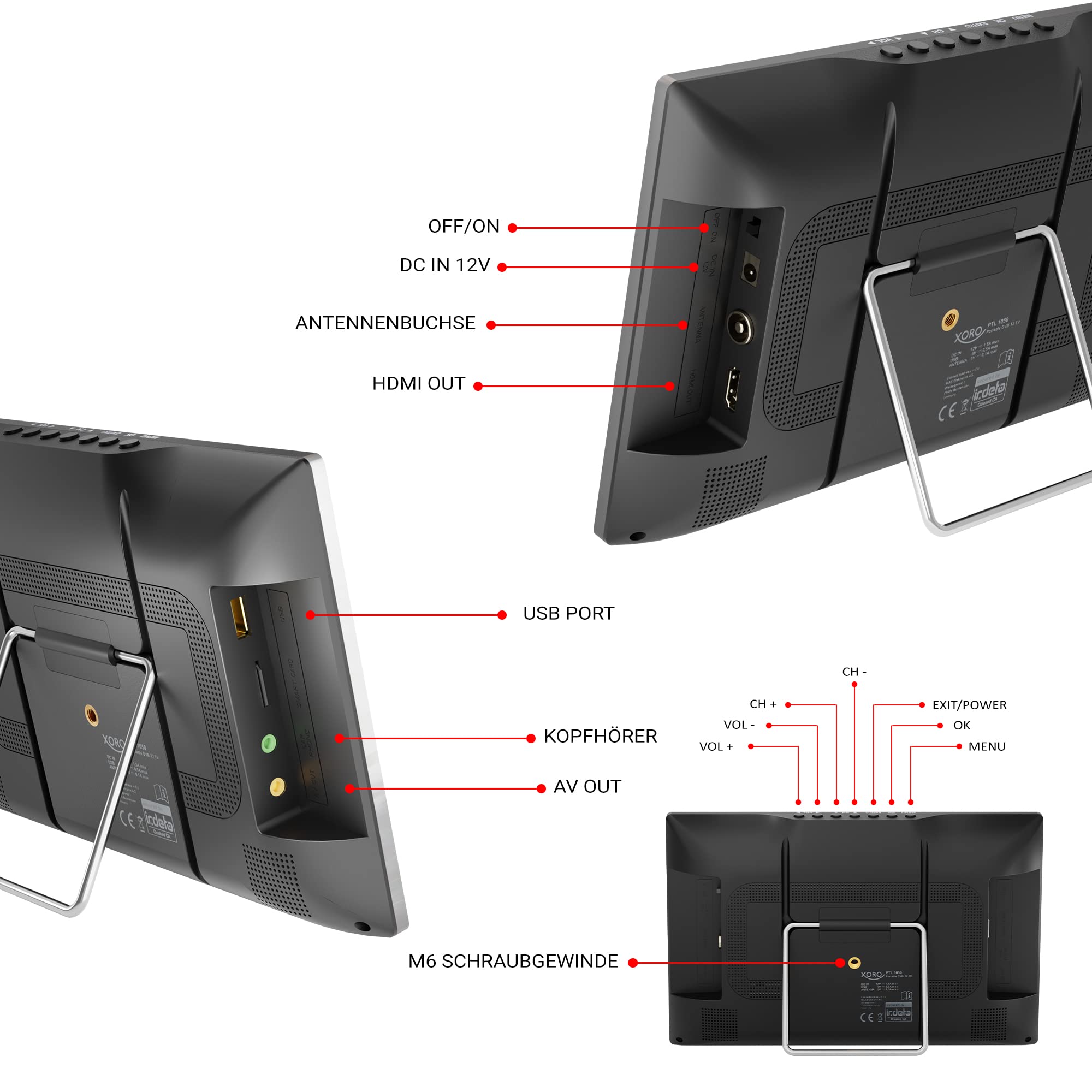 Xoro PTL 1050 V2-10,1" przenośny telewizor DVB-T/T2, system deszyfrowania Irdeto (w zestawie 6 miesięcy freenet TV), aktywna antena, akumulator, zasilanie 12/24 V