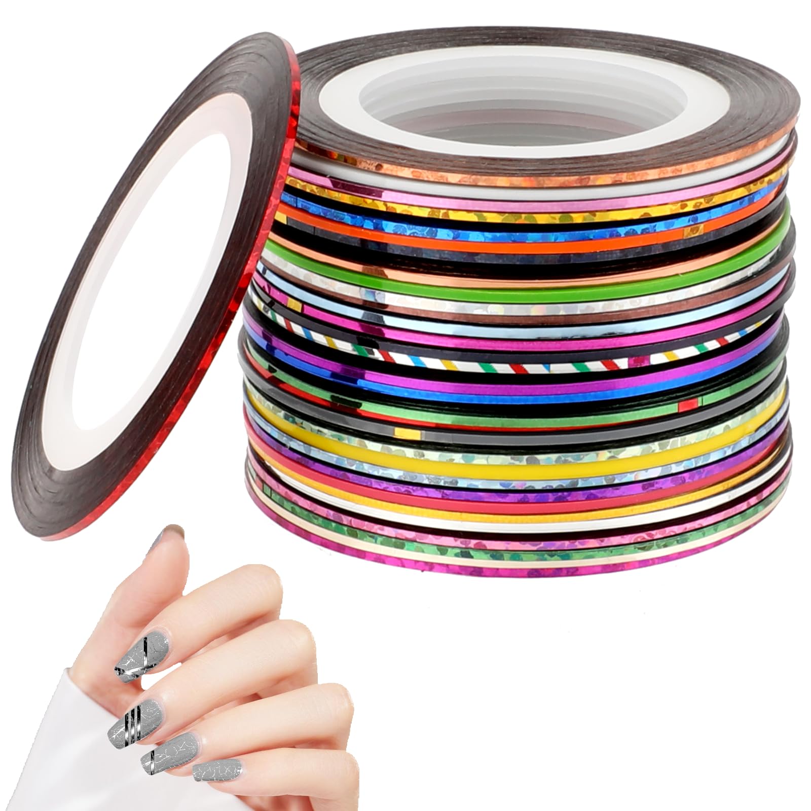 32 Colors Nail Striping Tape for Nail Art 1mm Self Adhesive Nail Striping Tape Line Sticker Pinstripe Tape Decoration Sticker Pin Striping Tape DIY Nail Tools for Women Girls Manicure Decor (66 Foot)
