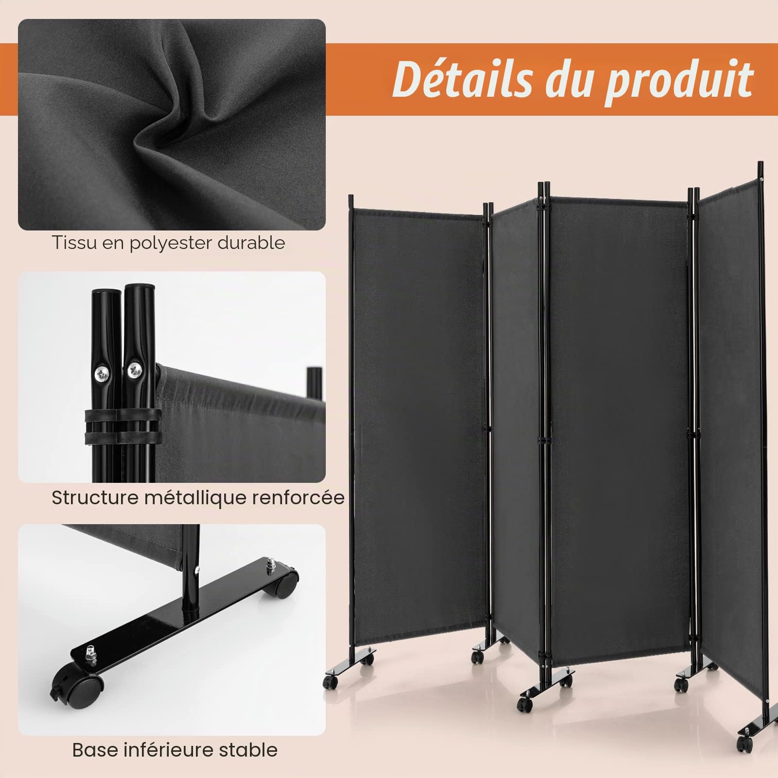 GIANTEX Paravent de séparation intérieur sur roulettes - 4 pièces - 225 x 173 cm - Paravent Pliable - Mur Espagnol autoportant avec Pieds Larges - Cloison en Tissu - Protection privée (Gris)