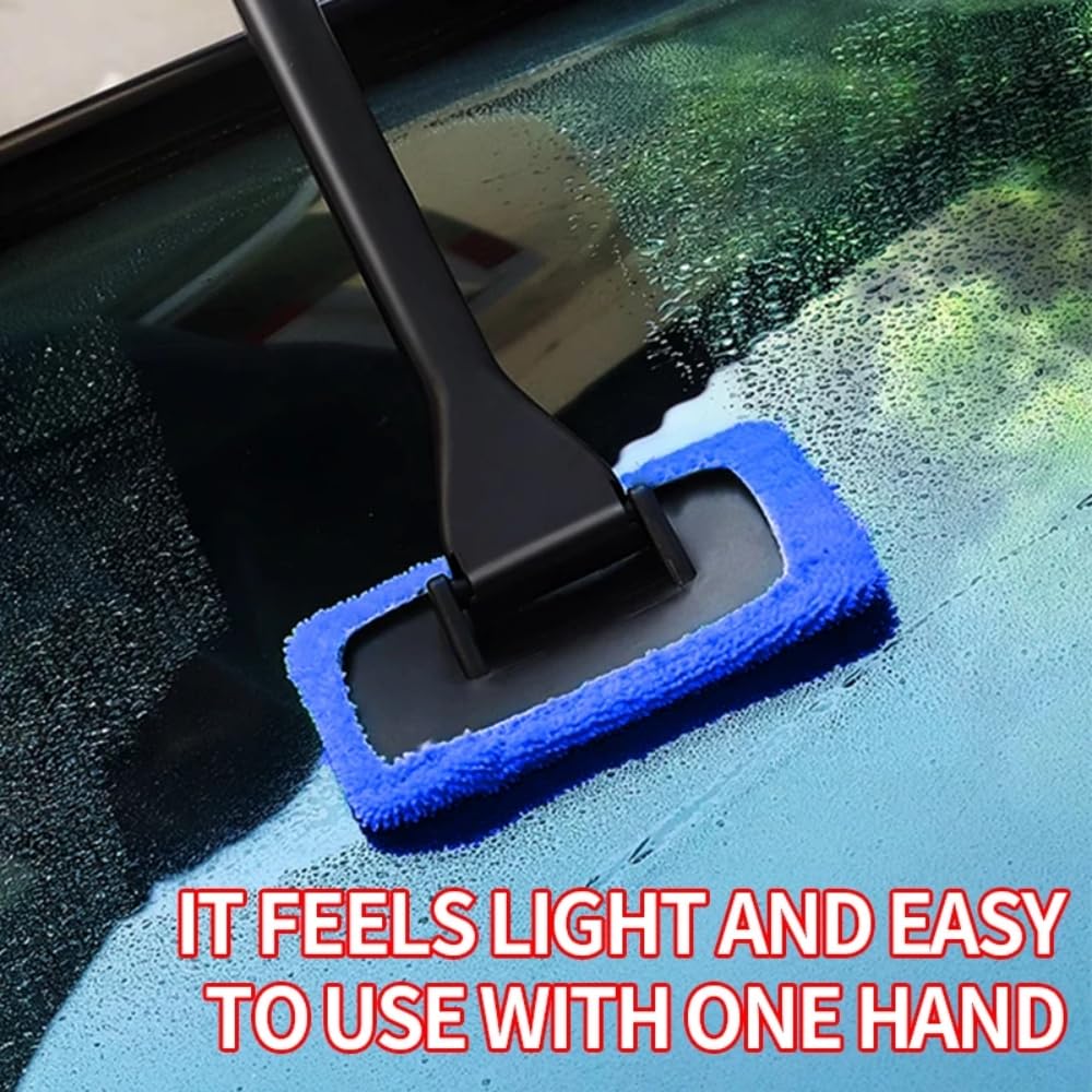 Windshield Cleaner Tool Car Window Cleaner with 6 Reusable and Washable Microfiber Pads and Extendable Handle Auto Inside Glass Wiper Kit (Blue)