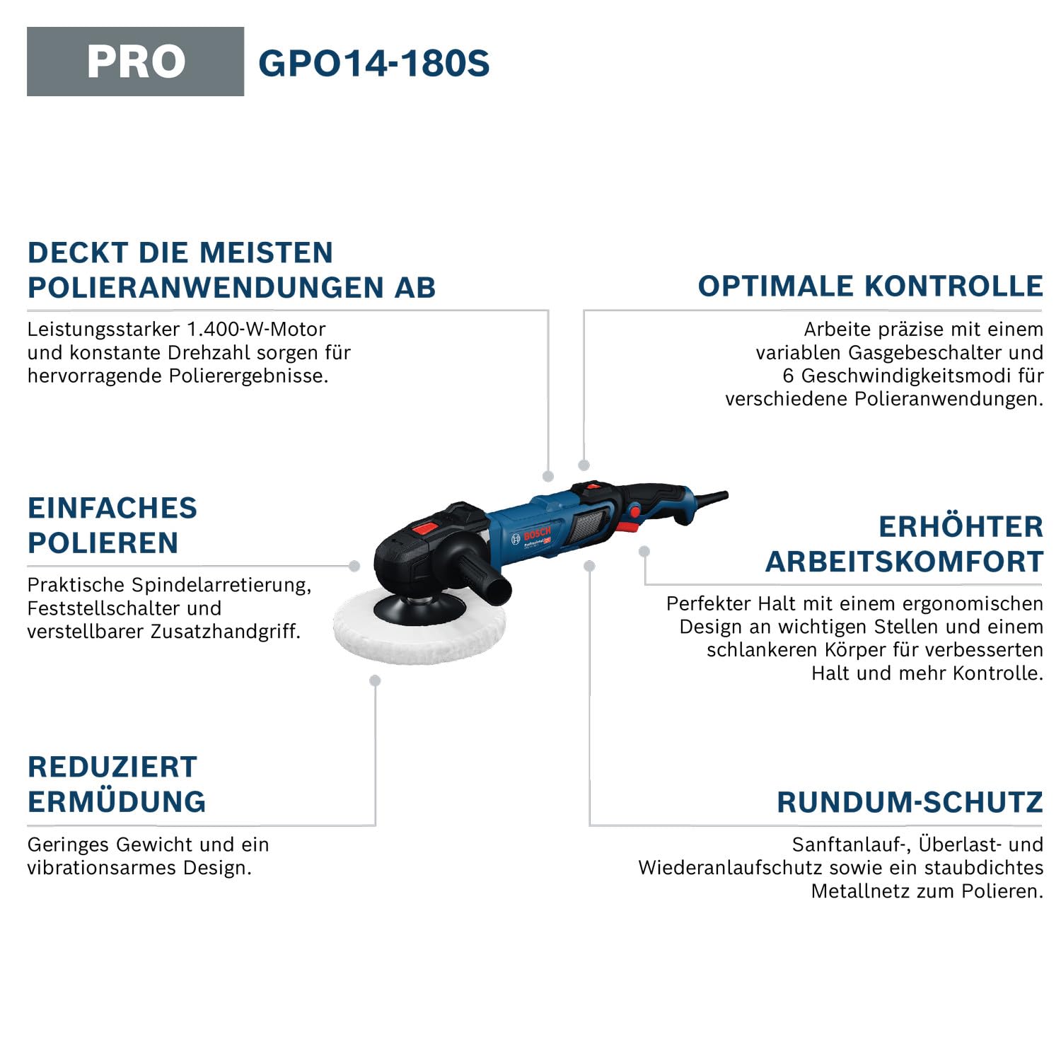 Bosch Professional kabelgebundener Polierer GPO 14-180 S (1400 W, 6 Geschwindigkeitsmodi, inkl. Zusatzhandgriff, D-Griff)