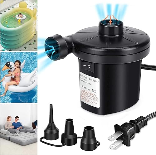 Bomba de aire eléctrica, bombas de infladordesinflador de llenado rápido portátil con 3 boquillas, bomba de colchón de aire para piscinas inflables,