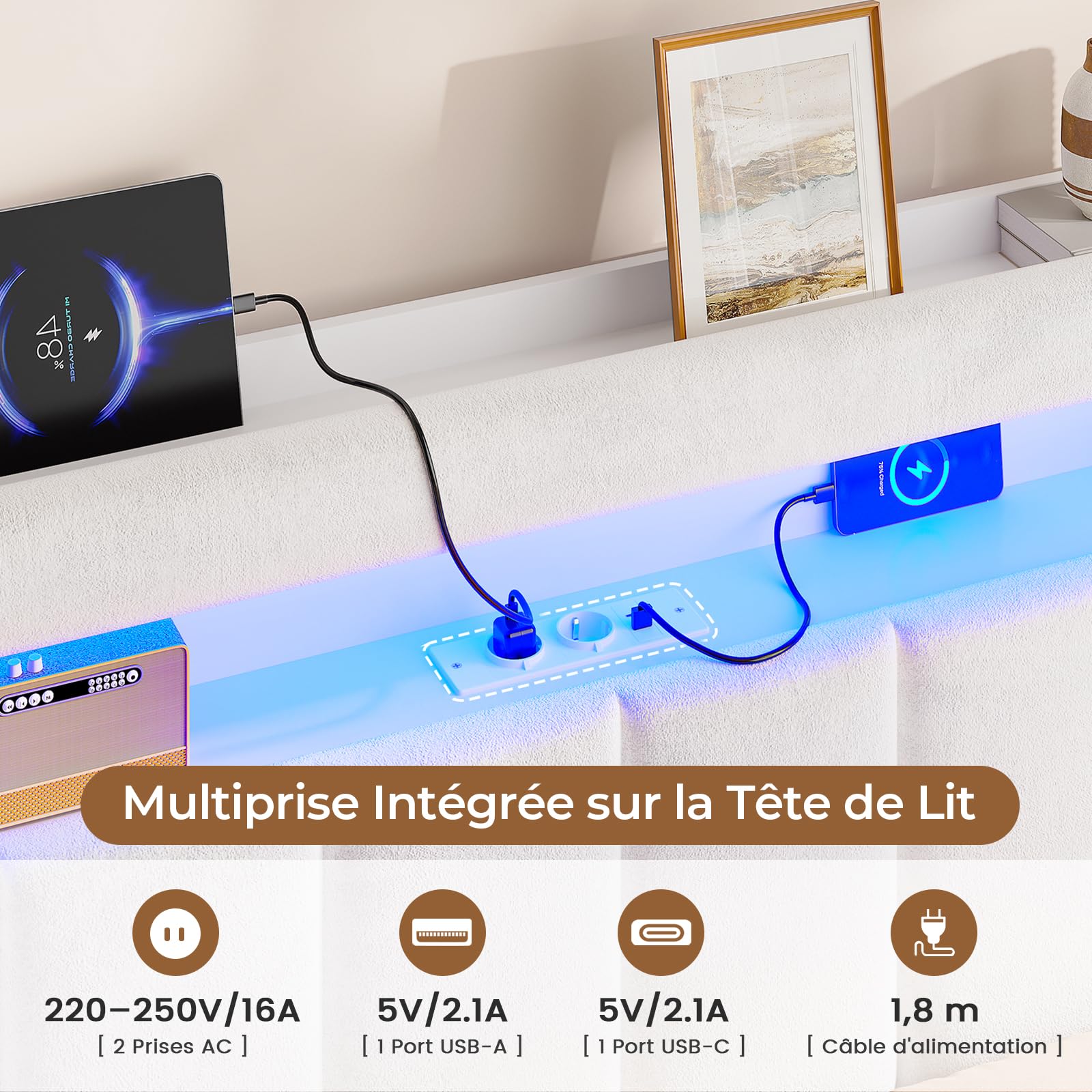AOGLLATI Lit Coffre 140x190 avec Multiprise Intégrée | Lit 140x190 avec Sommier,Rangement Hydraulique,Éclairage LED,Capitonné en Velours Beige,2 Étagères, 4 Niches Ouvertes