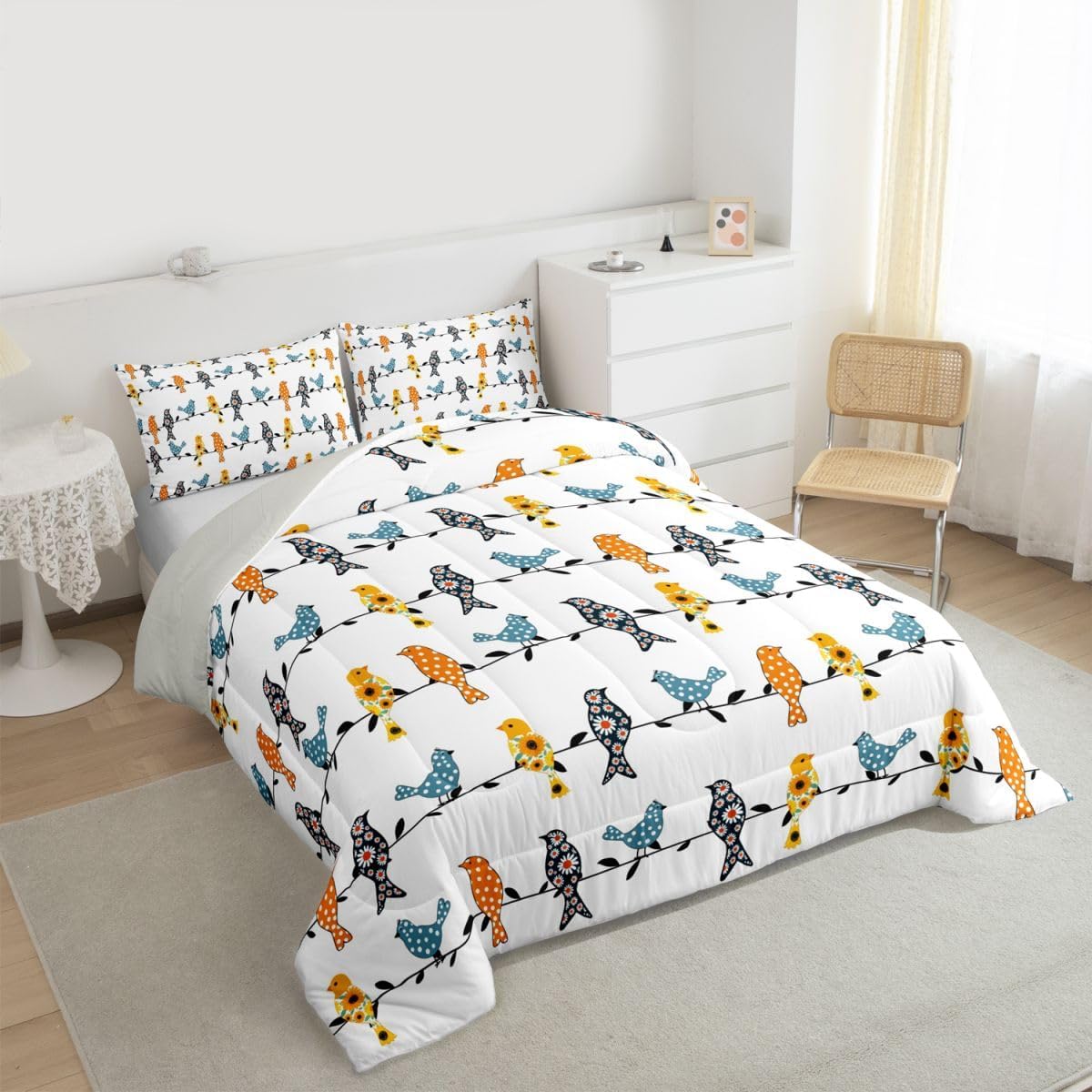 Erosebridal Birds Comforter Set, Twin for Kids Boys Girls Adult Bedroom College Dorm Christmas Decoration,Colorful Floral Animal Bird Print Down Comforter Nature Rural Countryside Style Quilted Duvet