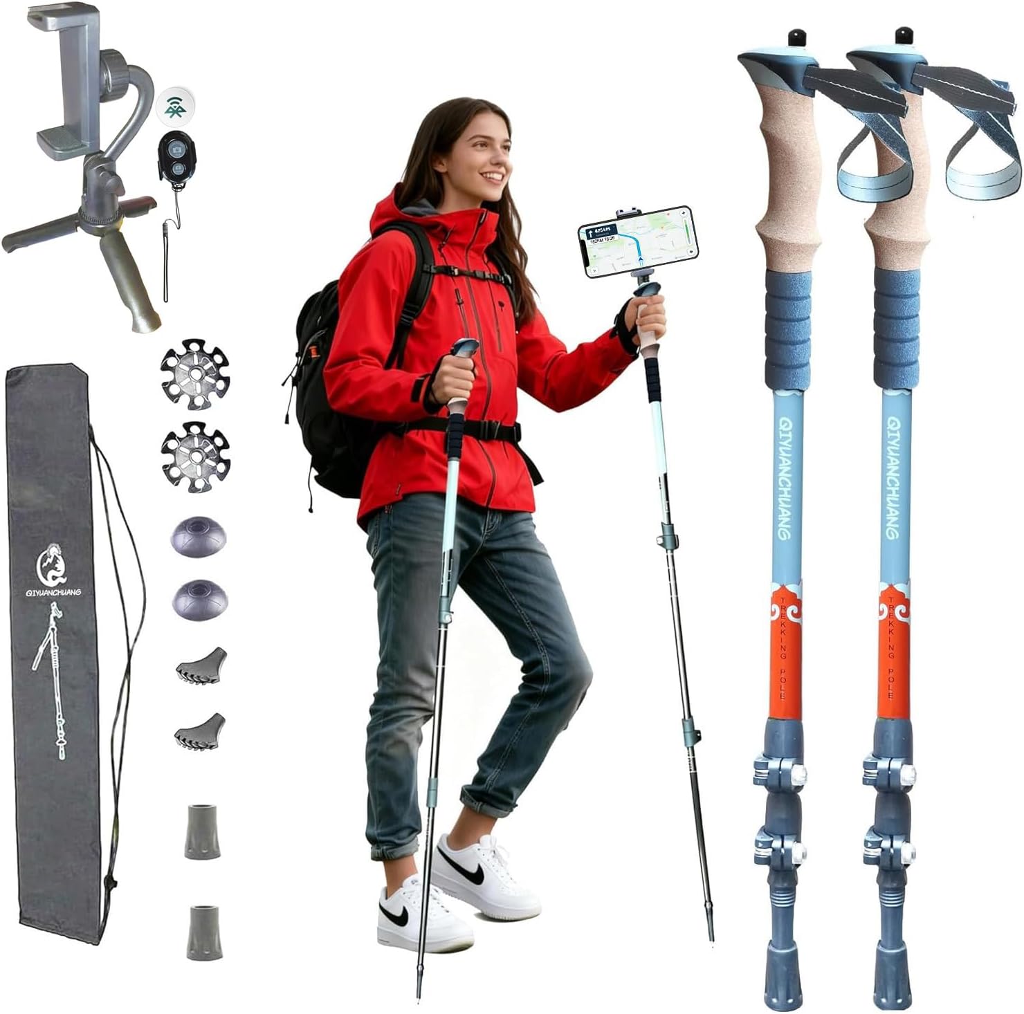 Trekking Poles with Phone Holder & Camera Mount - 1/4" Thread for Action Cameras, Ultralight Collapsible Hiking Sticks for Women, Men, Seniors, Tip Kit (Complete Bundle)