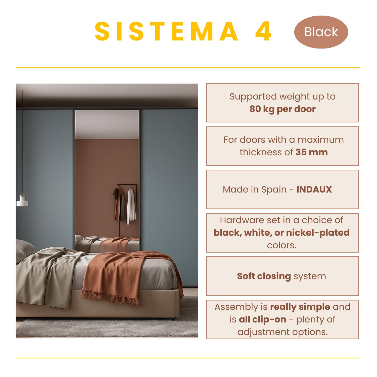 EVOTRADE Kit de herramientas SISTEMA-4 para armarios correderos con puertas colgantes máx. 80 kg. Apertura y cierre amortiguado – Kit con rieles de 3 metros y carros (kit para 3 puertas correderas