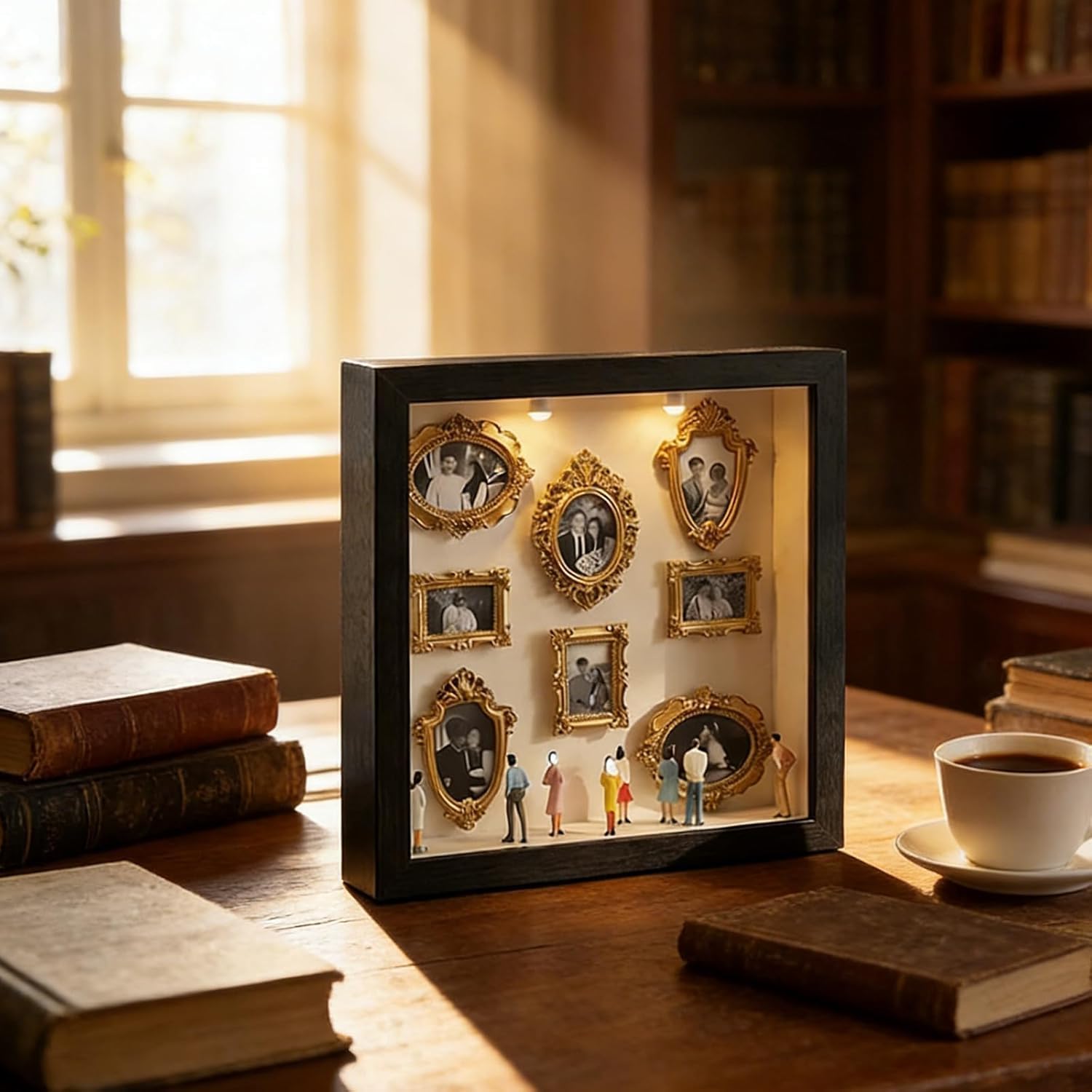 Pipihome Mini Museum Bilderrahmen Vintage, DIY Mini Bilderrahmen zum Befüllen mit Golden Rahmen & Miniatur Menschen, Fotospeicher Bilderrahmens mit LED Licht für Deko Wohnzimmer Schlafzimmer