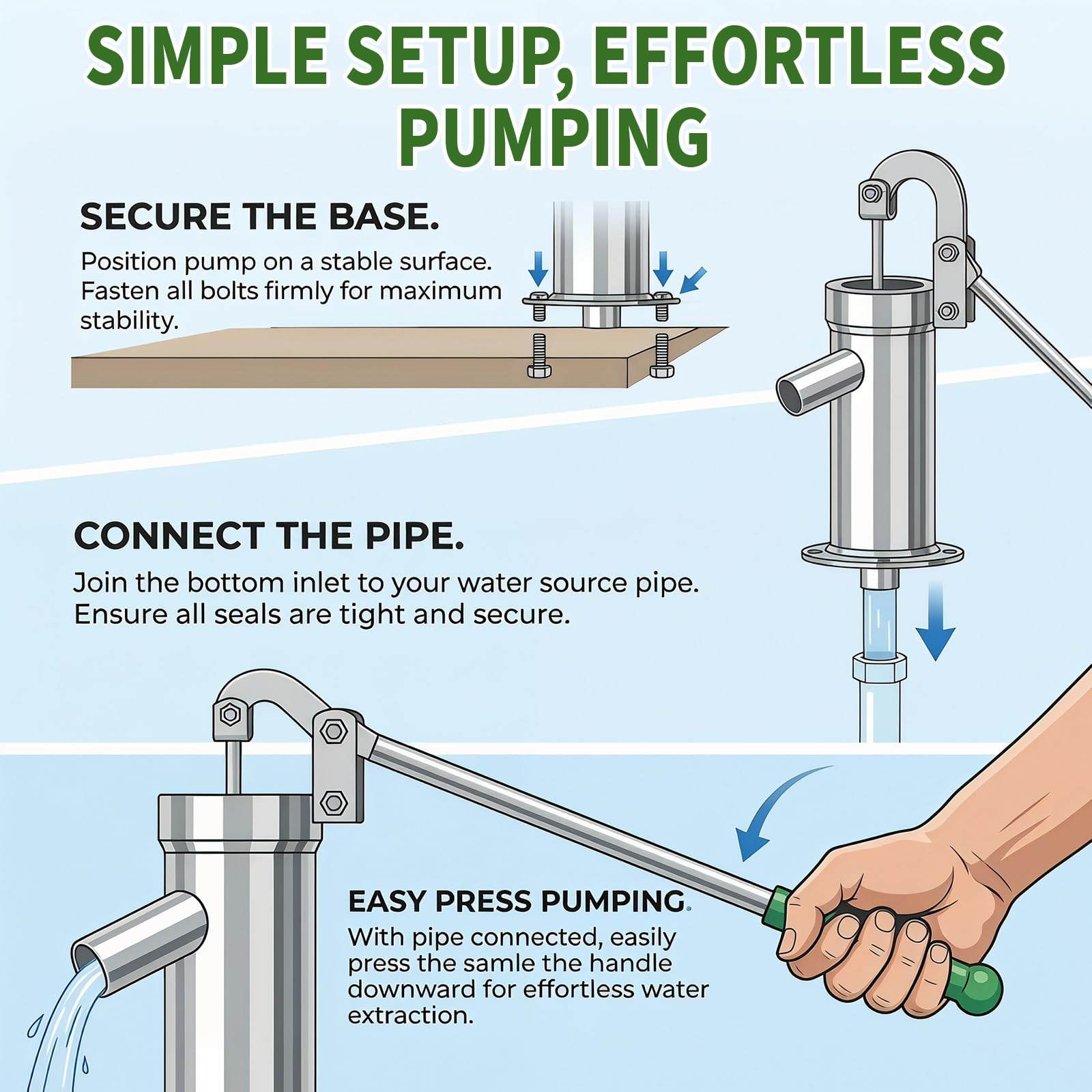 Pompe à eau pivotante en acier inoxydable - Pompe d'aspiration manuelle pour eaux souterraines jusqu'à 8 m de profondeur - Poignée antidérapante - Pompe à eau manuelle de jardin - Économie d'énergie