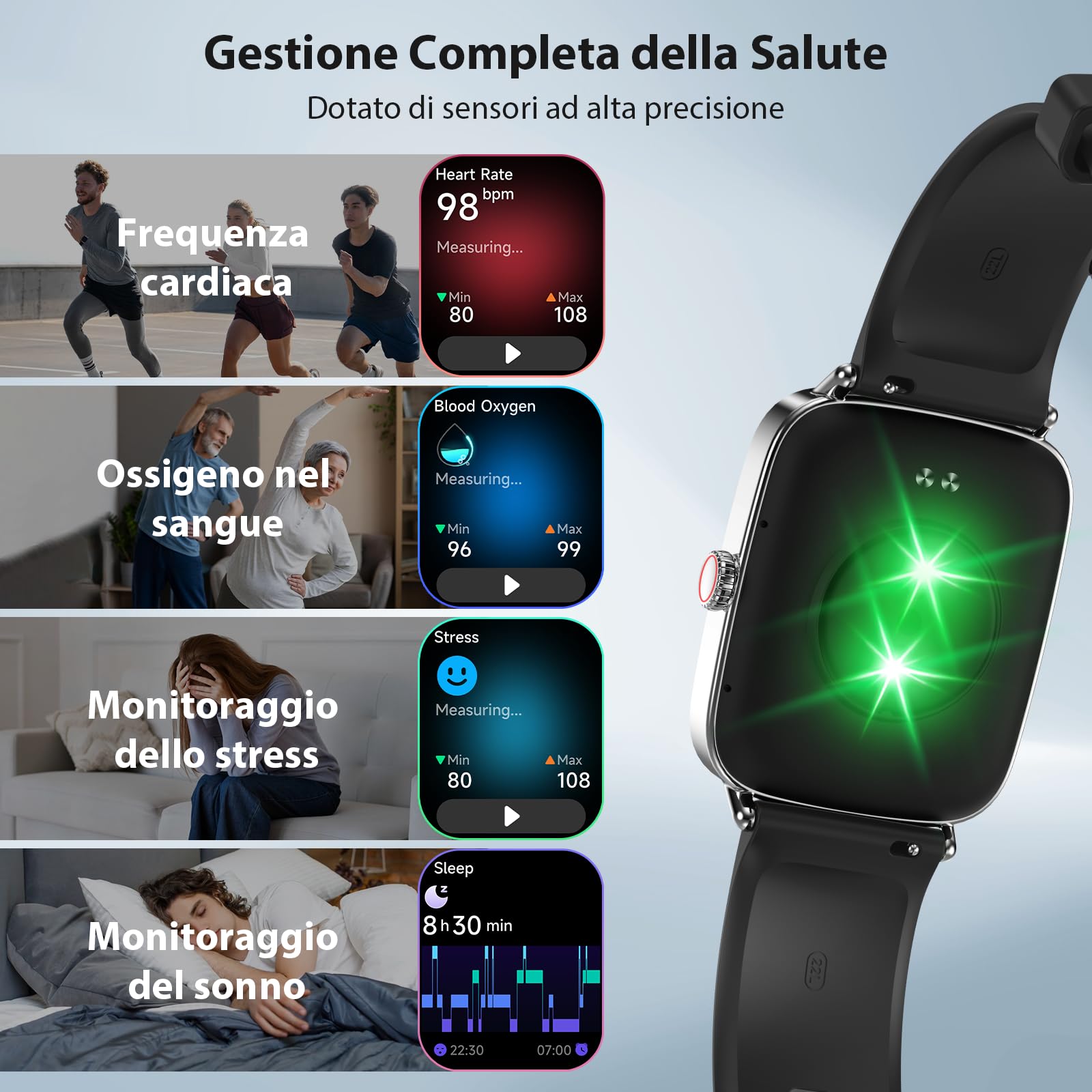 Smartwatch Uomo Donna, 1.85" Orologio Smartwatch con Chiamate e Notifiche WhatsApp, Fitness Tracker con Contapassi Sonno SpO2 Cardiofrequenzimetro, 110 Sportive, IP68 Smart Watch per Android iOS Nero