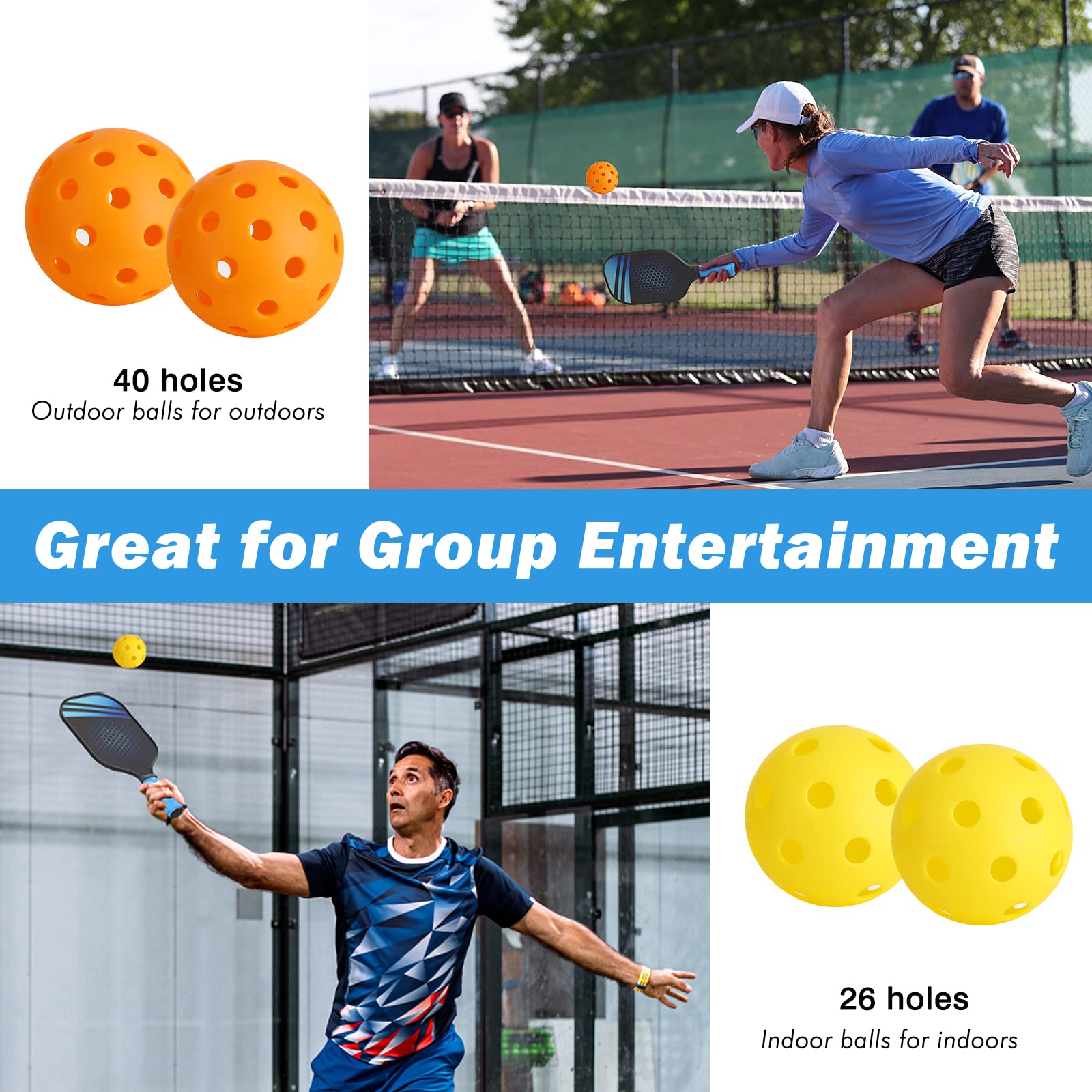MoKo Pickleball Paddel Set, 2 Paar Leicht Pickleball Schläger aus Fiberglas mit 4 Pickleball Bälle und 1 Pickleball Tasche für Indoor Outdoor Sport Anfänger und Professionelle Spieler, Blau + Lila