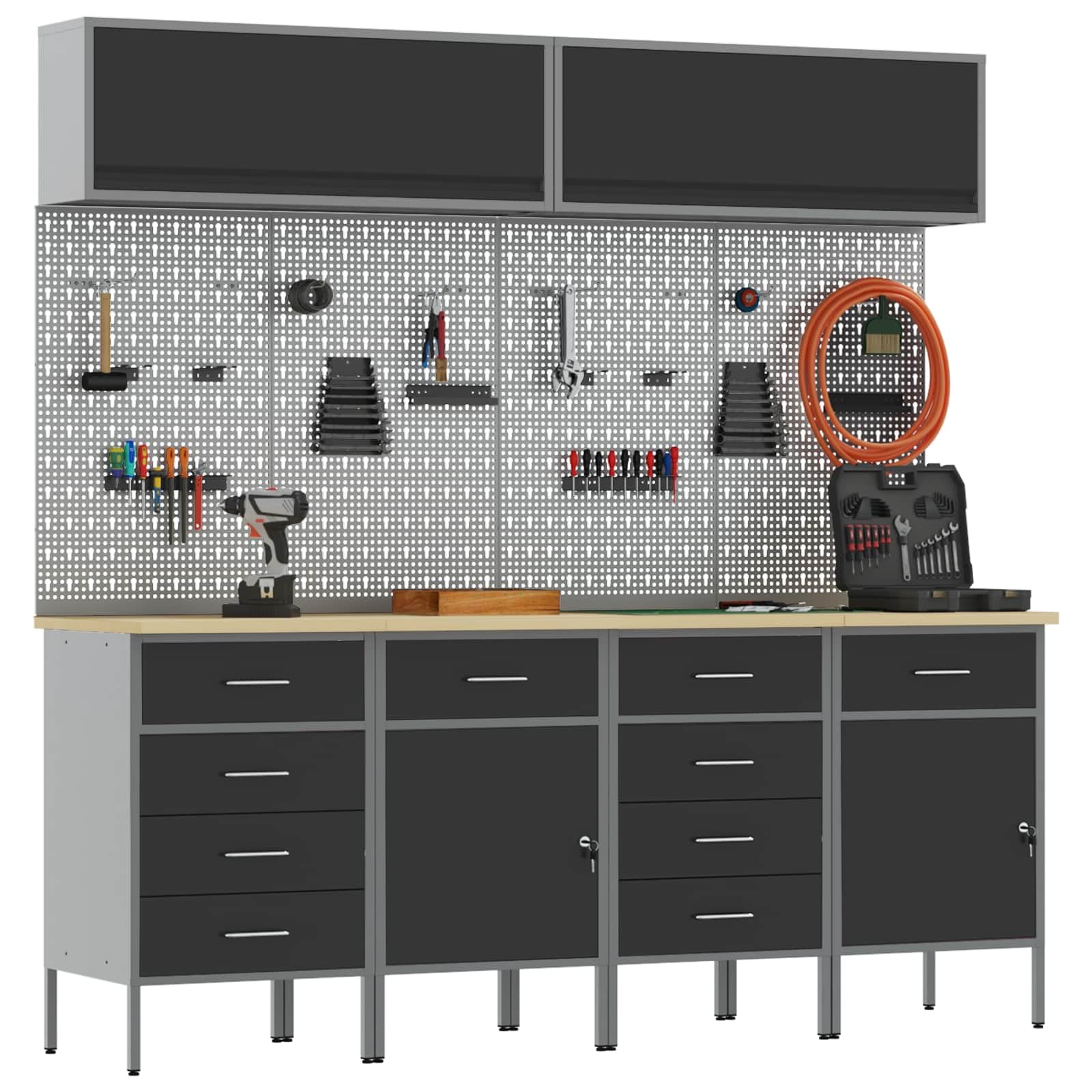 Zestaw szafek roboczych z 10 szufladami ze stali malowanej proszkowo i materiału drewnopochodnego, kolor czarny, 200 x 55 x 200 cm, łącznie z wózkiem warsztatowym i ścianką perforowaną