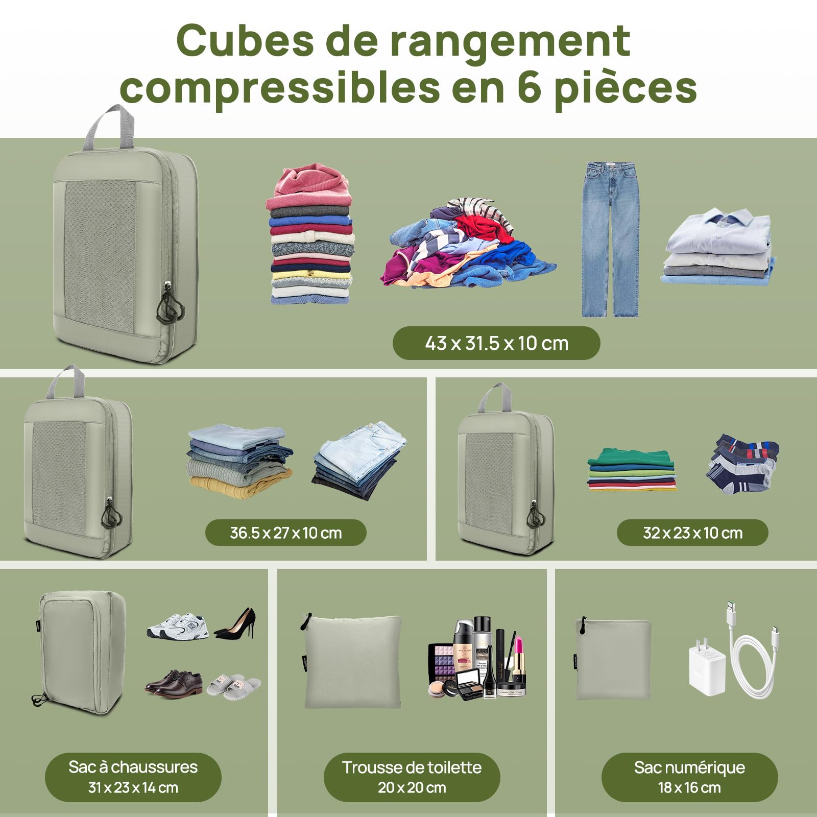 Rangement Valise, Ultraléger Organisateur Valise Compression, Extensible Voyage Packing Cubes Compression Sac Organiseurs de Bagage, Organisateur Valise Compressible (Gris Vert, 6 Pièces)