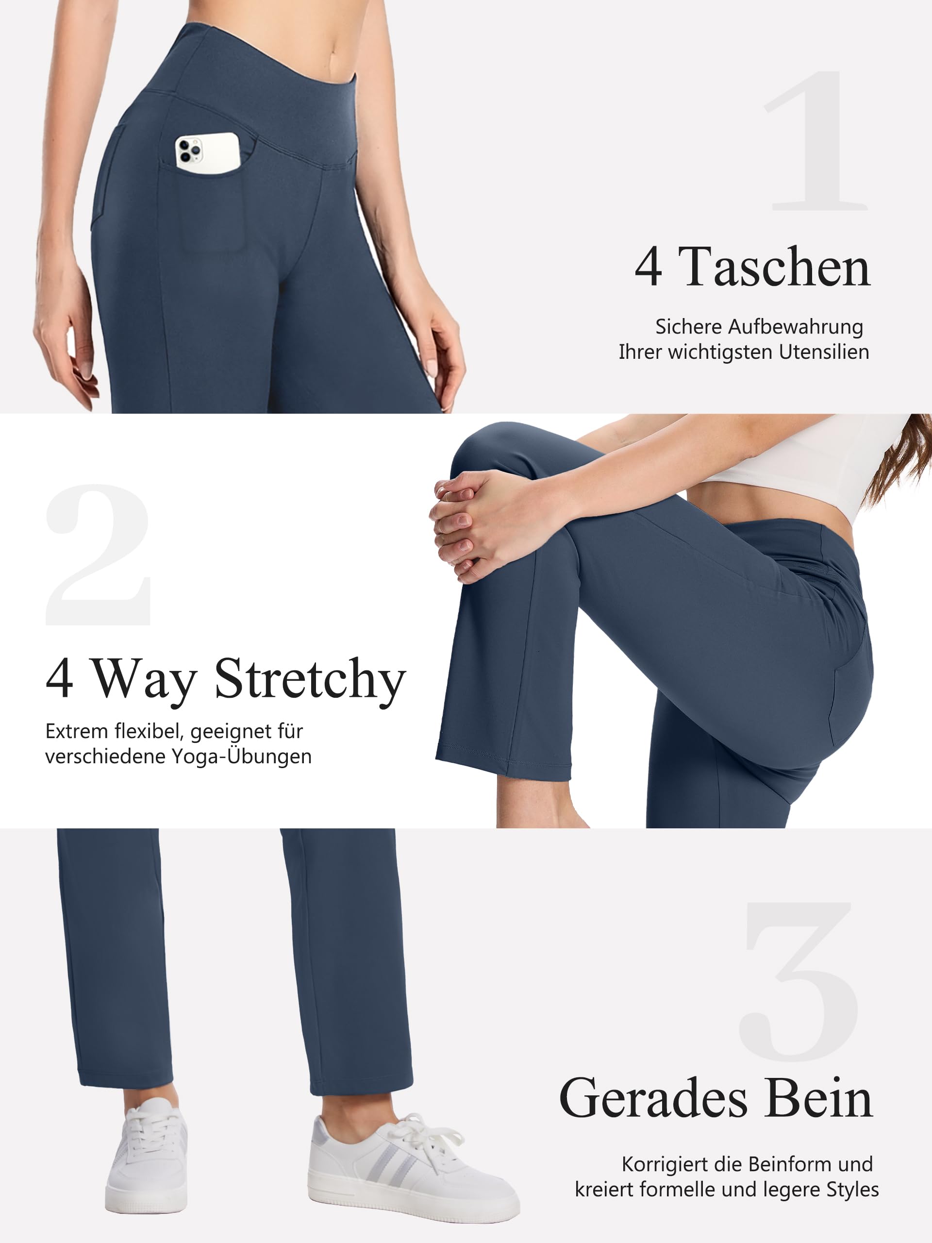 MOVE BEYOND Miękkie damskie spodnie do jogi Bootcut i spodnie 3/4 z 4 kieszeniami, kontrola brzucha, spodnie robocze, niebieski, L