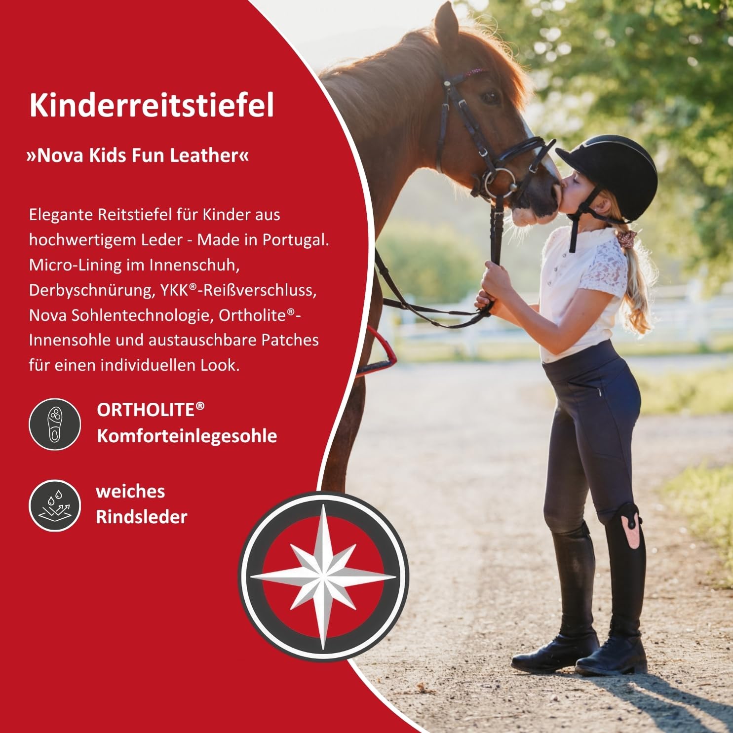 SUEDWIND FOOTWEAR Kinder-Reitstiefel aus Leder Nova Kids Fun Leather – Stiefel zum Reiten – Derby-Schnürung, Reißverschluss, Komfort-Innensohle & auswechselbare Patches – schwarz – 35-41