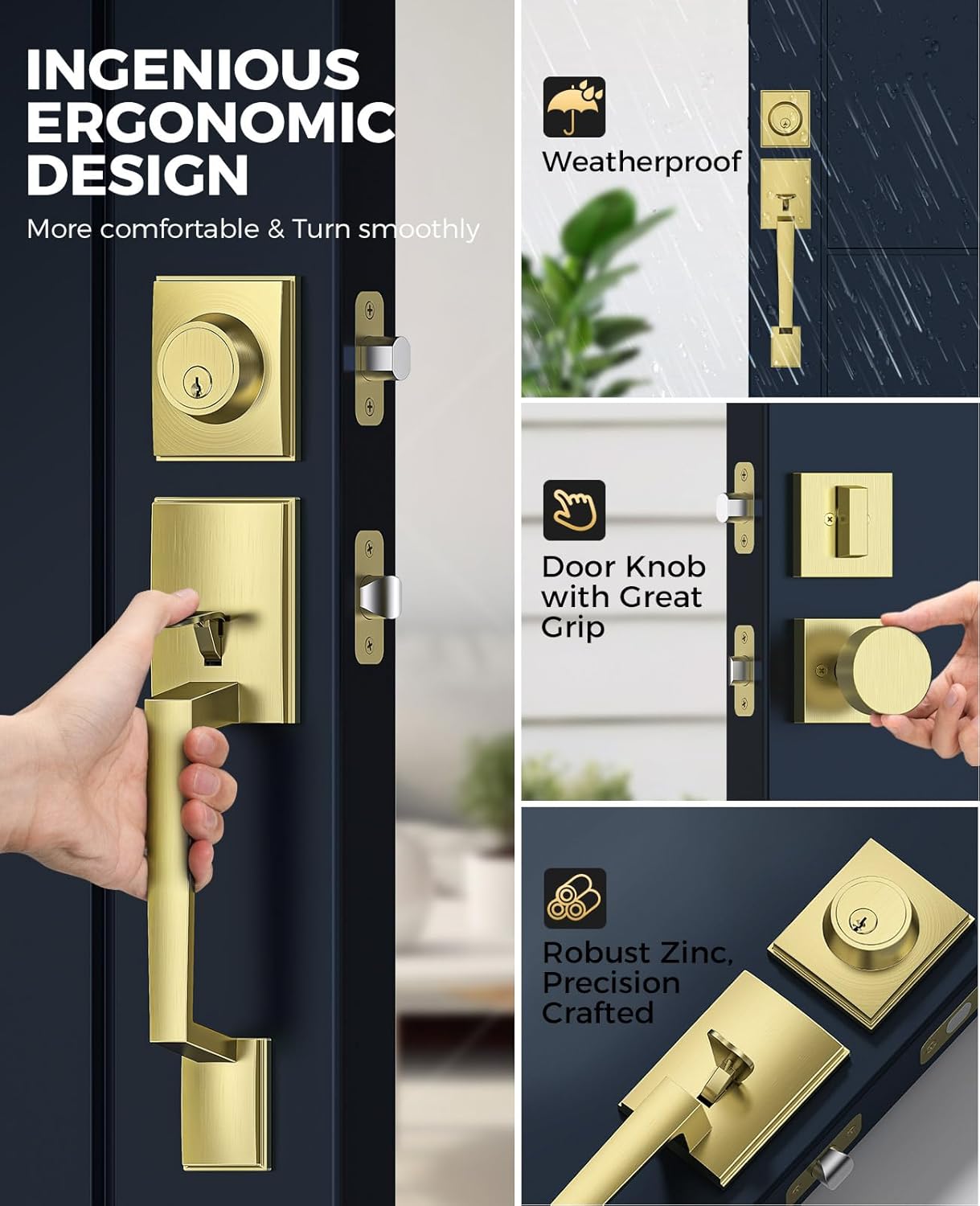 Front Door Handle and Deadbolt Set, Gold Front Door Lock Set with Modern Knob, Exterior Entry Lock with Adjustable Single Cylinder Deadbolt, Reversible for Right & Left Gold Modern Knob