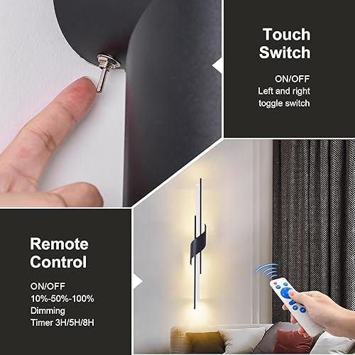 Miniatura 3 de camuucci Apliques de pared para interiores, no cableados, regulables, para dormitorio, sala de estar, color negro, paquete de 2