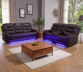 Power Recliner Sofa Set with LED Lights,Leather Recliner Sofa and Loveseat with Charge Port/Drop-Down Table/Cup Holder for Living Room/Office/Home TheaterLoveseat&Sofa 2Pcs,Dark Brown