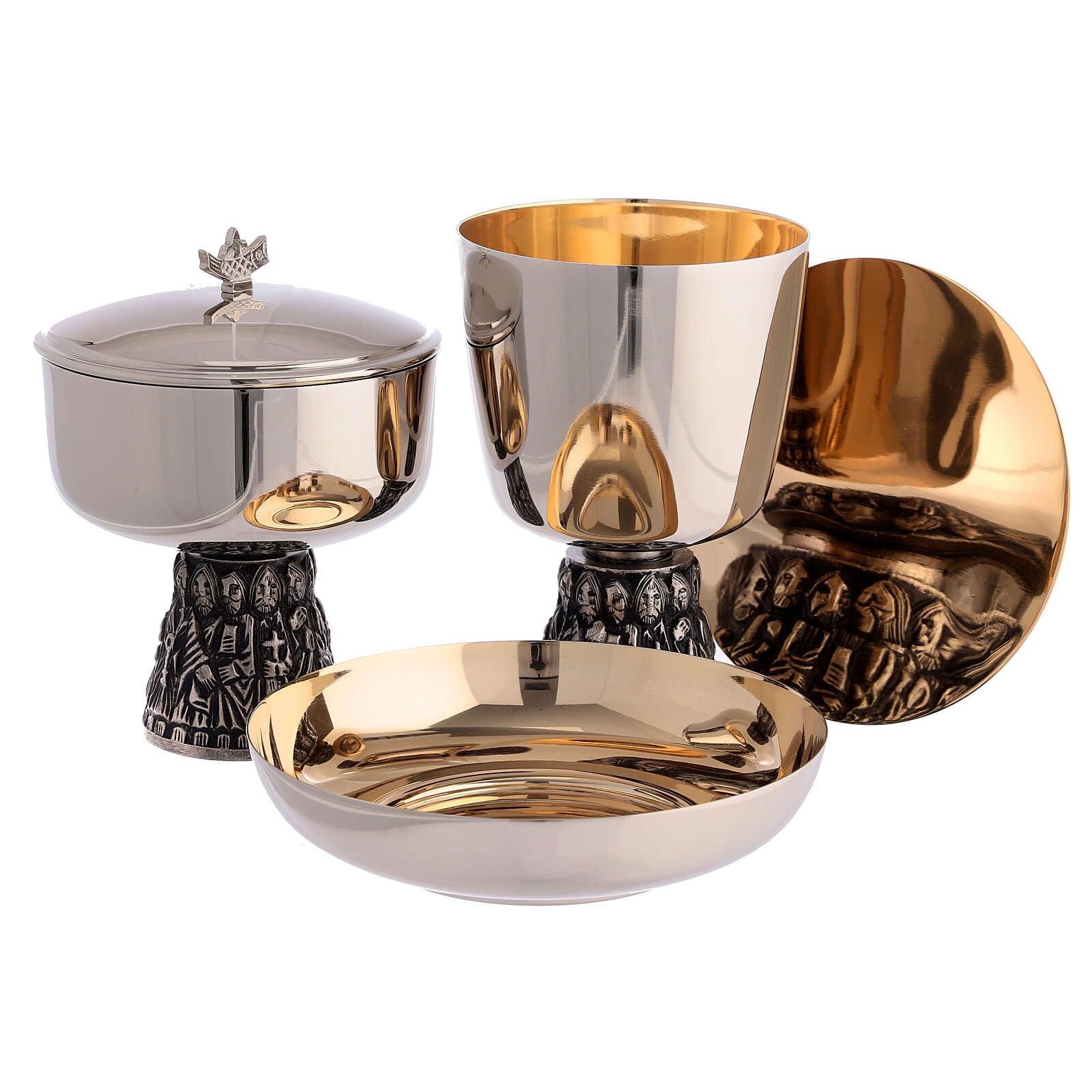 Holyart Cáliz copón Patena para ofrendas latón Plateado Base Relieve apóstoles, Ofertorio Patena