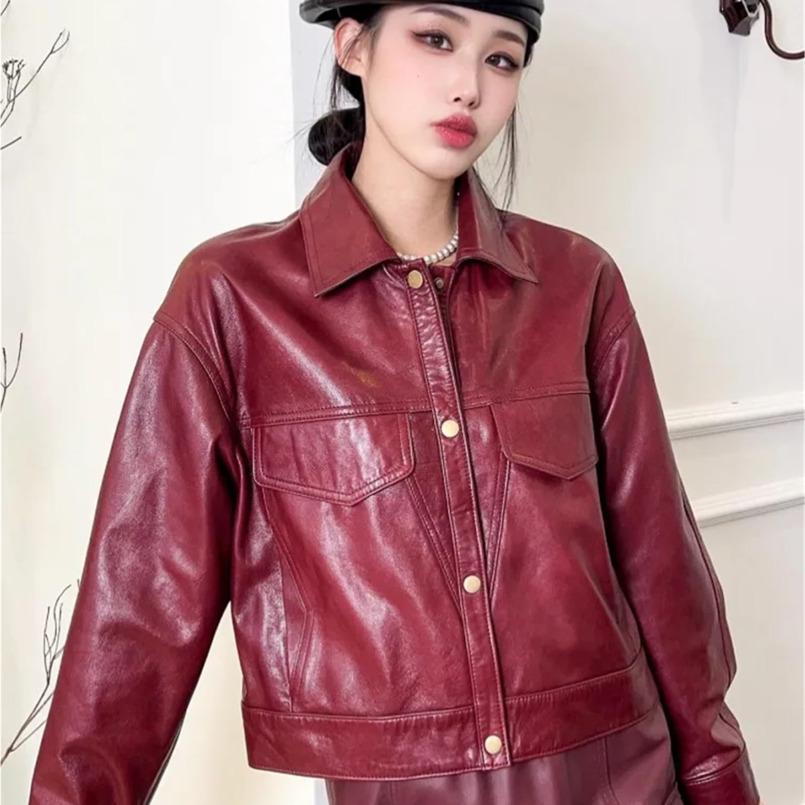 Chaqueta Cuero Mujer Chaqueta de cuero genuino estilo motociclista for mujer, un solo pecho, holgada, con protección contra el aceite y la cera Para salir