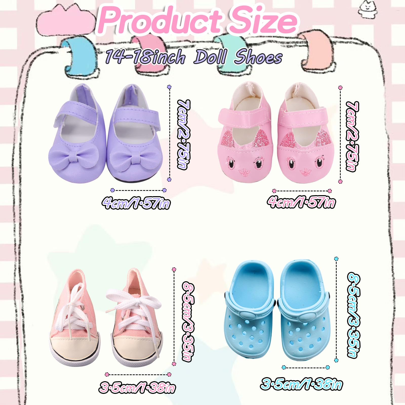 4 Paar Puppen Schuhe Zubehör Set, 14-18 Zoll Bunte Puppenzubehör mit 1 Hasenschuhe 1 Lederschuhe 1 Sandalen 1 Leinenschuhe, 35-45cm Puppe Zubehör für Baby Puppen, Puppenschuhe Geschenk für Mädchen - 2