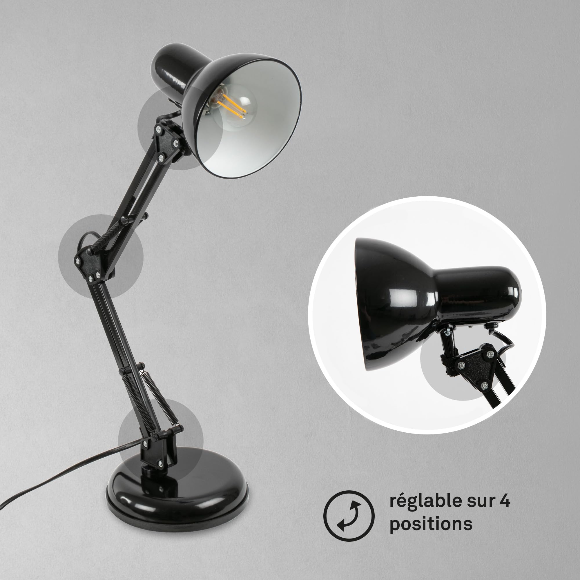 BRILONER - Lampe de bureau orientable, lampe de table avec interrupteur à fil, lampe de table rétro douille E14, 546x224 mm (DxH), noir