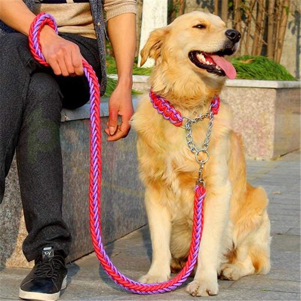 Heavy Duty Dog Leash, Adjustable Dog Martingale Braided Collar, Loop Slip Strong Metal Pull Clip Anti-Twist Pet Walking Training Lead, Solid Hand Crafted Rope for Medium Large Breeds (XL, Purple Red)