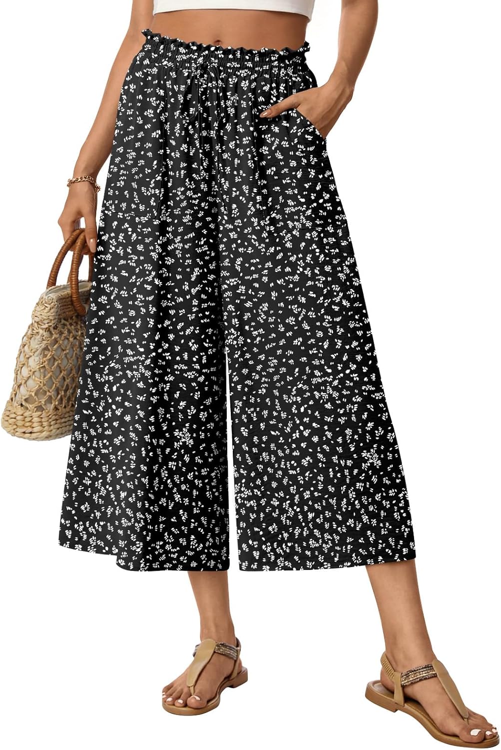 Anyhold Women's Capri Palazzo Pants High Waisted Wide Leg Adjustable Drawstring Loose Fit Summer Beach Pants Pockets