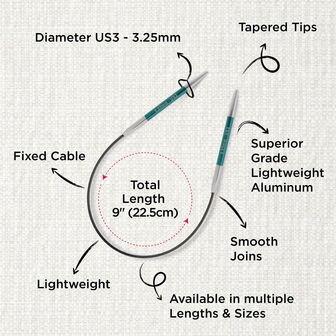 KnitPro Zing Fixed Circular Needles 9" (22.5cm), Emerald, 3.25 mm - Image 3