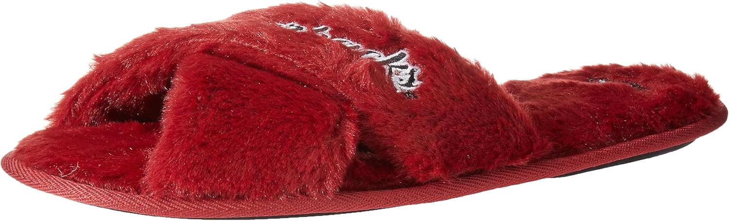 FOCO Womens NCAA College Team Script Wordmark Fuzzy Cross Slide Slippers