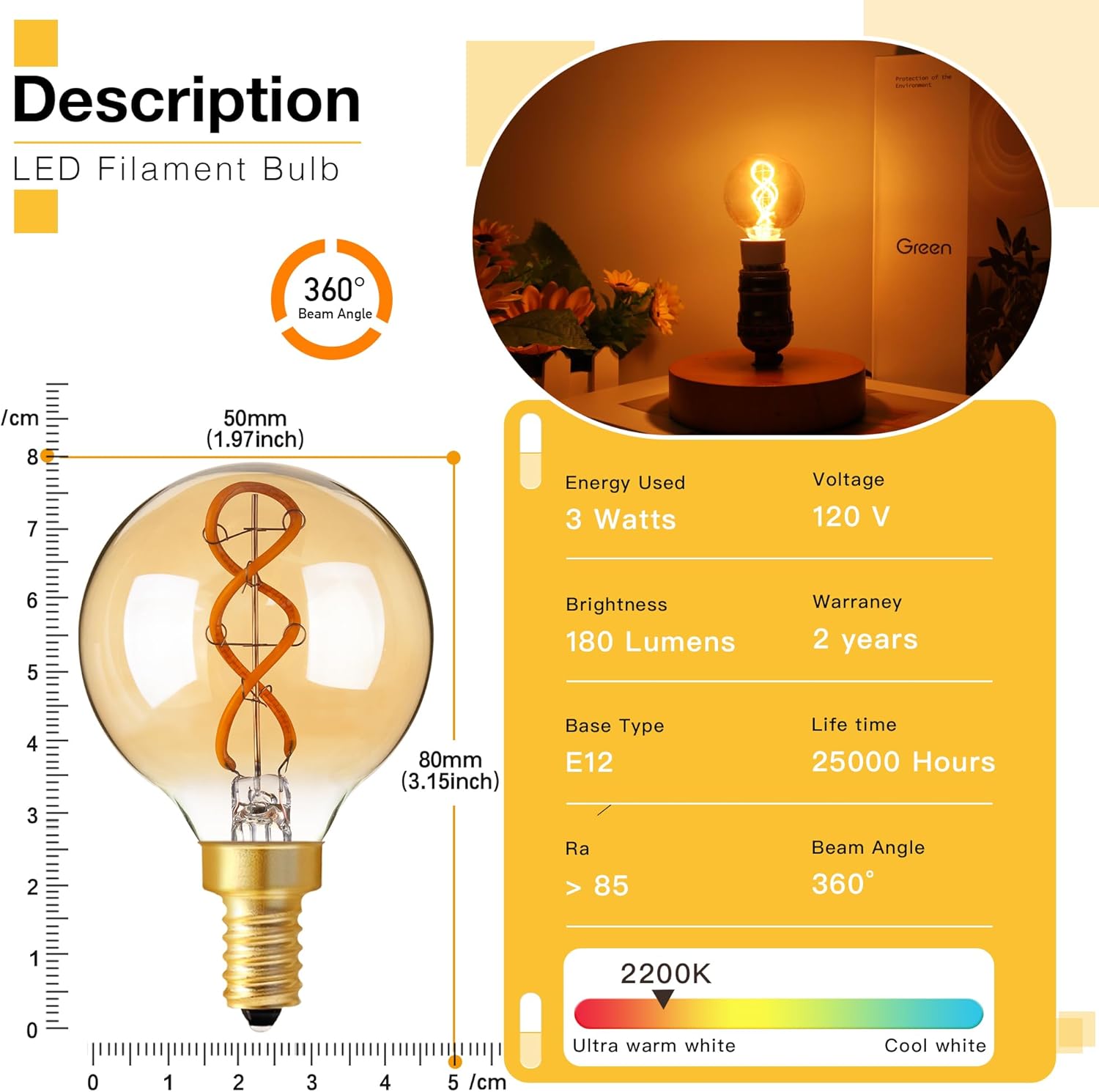 Genixgreen Dimmable LED Candelabra Bulb,Amber E12 LED Bulb Decorative Light Bulbs Antique Style G16.5 Filament for Chandelier Ceiling Fan,25 Watt Equal 3W,Soft White 2200K,180LM,2 Pack