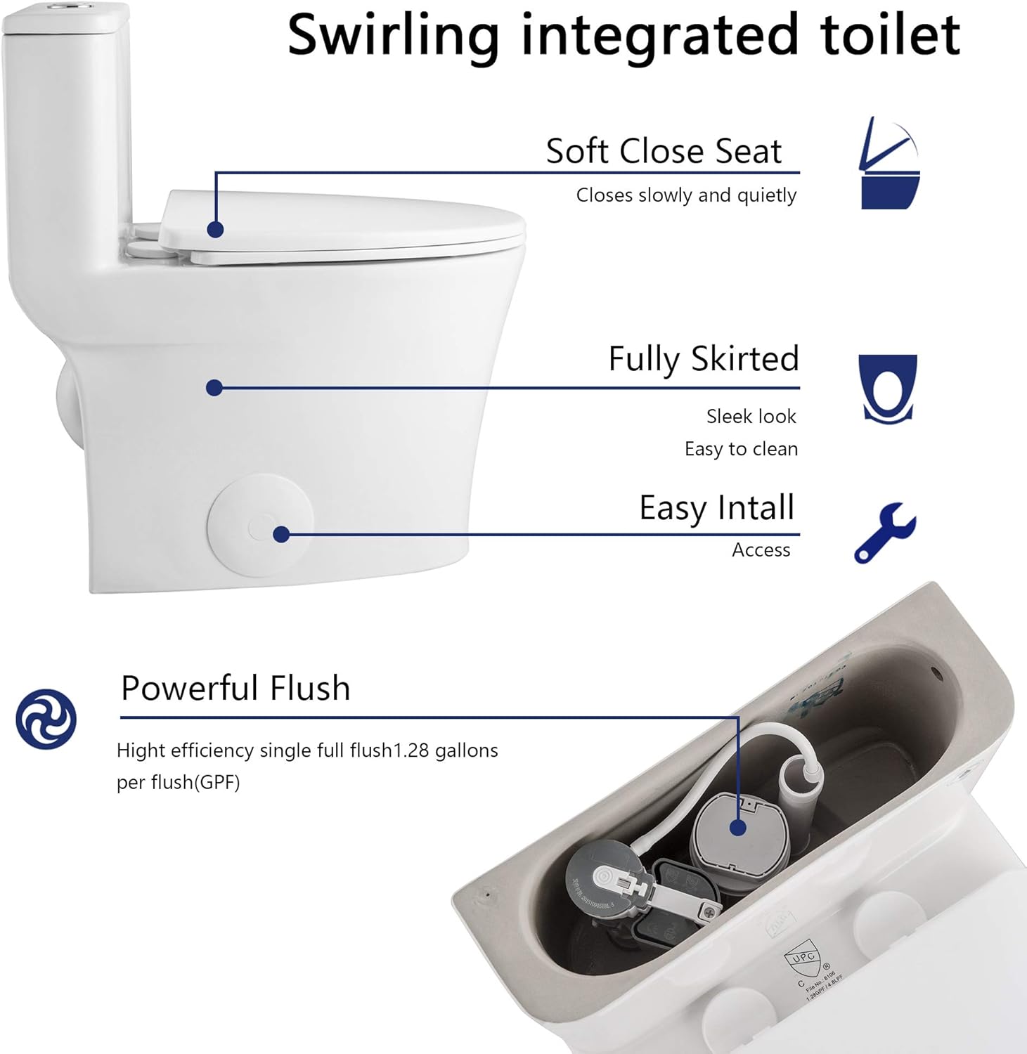 DeerValley DV-1F52807 Compact Elongated Modern One Piece Toilet With Soft Close Toilet Seat Ceramic Glossy White Toilets Single Flush for Small Bathroom Space - - 
