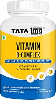 Tata 1mg Vitamin B Complex Capsules with 100% RDA for B1,B2,B3,B5,B6,Biotin, with Vitamin C and E, Helps Maintain Energy, Immunity and Skin Health, For Women & Men, Pack of 60 Vegetarian Capsules