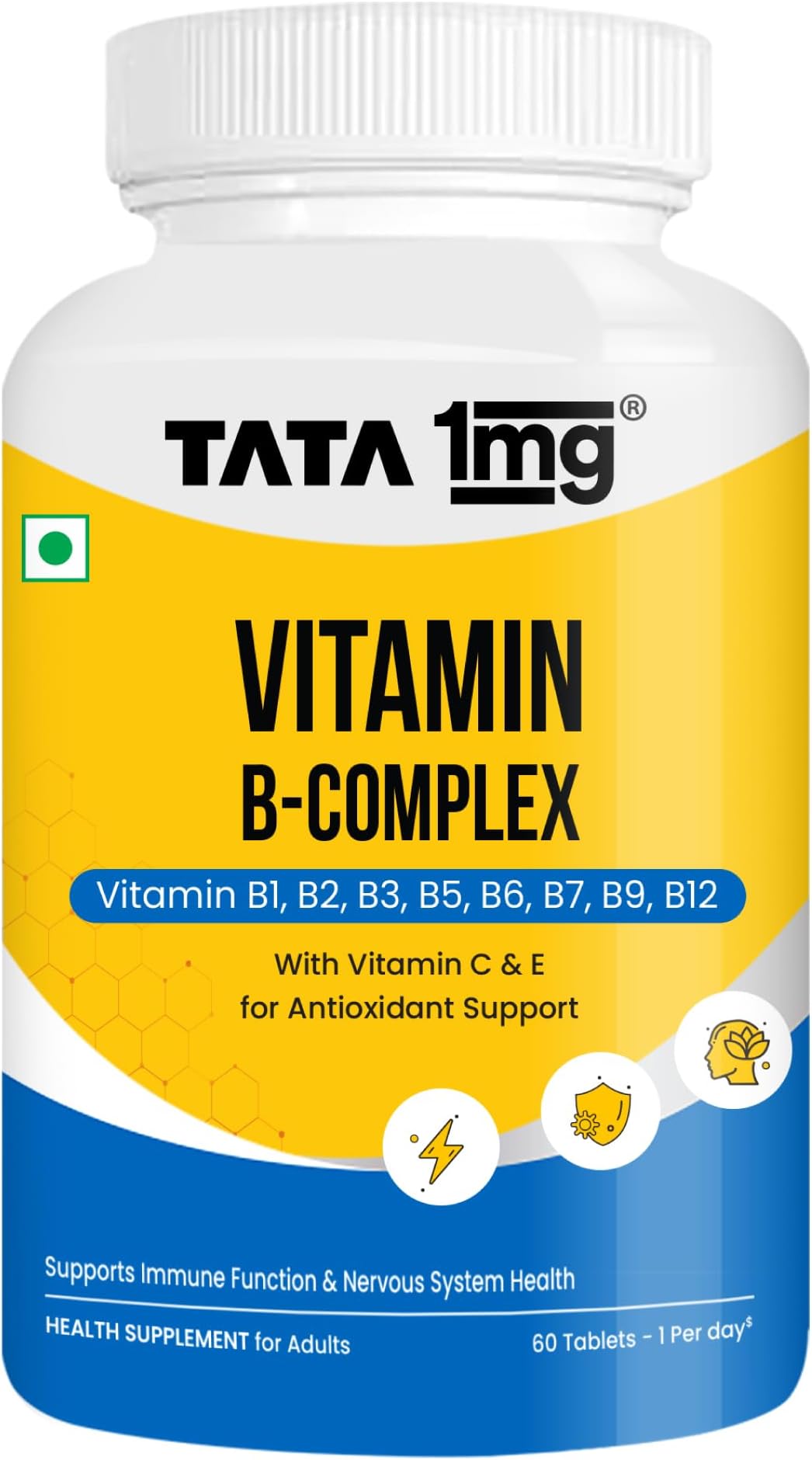 Tata 1mg Vitamin B Complex Capsules with 100% RDA for B1,B2,B3,B5,B6,Biotin, with Vitamin C and E, Helps Maintain Energy, Immunity and Skin Health, For Women & Men, Pack of 60 Vegetarian Capsules