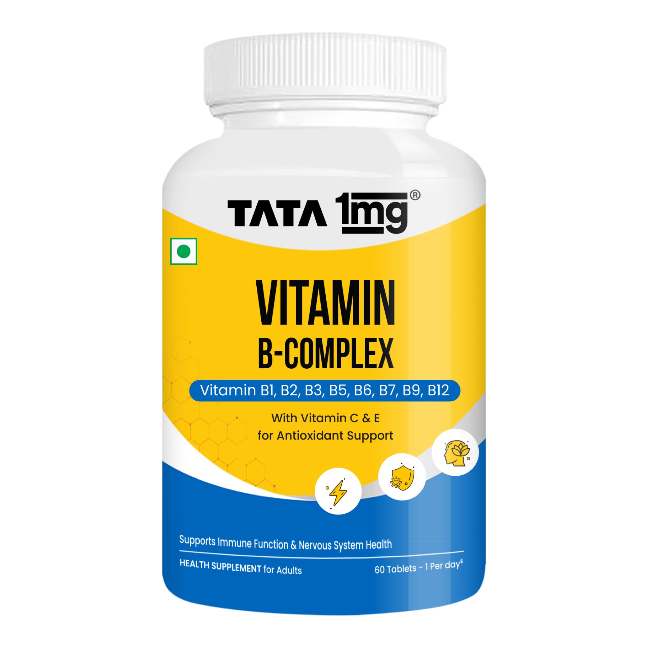 Tata 1mg Vitamin B Complex Capsules with 100% RDA for B1,B2,B3,B5,B6,Biotin, with Vitamin C and E, Helps Maintain Energy, Immunity and Skin Health, For Women & Men, Pack of 60 Vegetarian Capsules