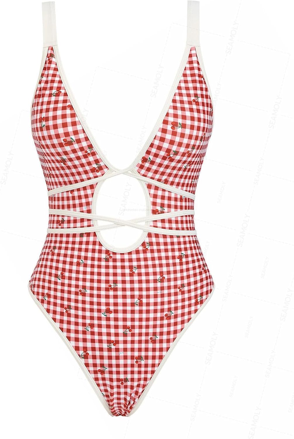 seamoly Blue Gingham Tie Around Criss Cross Backless Plunging Neck One-Piece Swimsuit