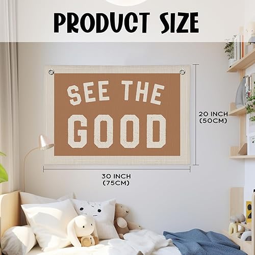 Miniatura 4 de Decoración de pared con texto en inglés See The Good, decoración de pared inspiradora, decoración de pared con acento bohemio, cartel de lino con