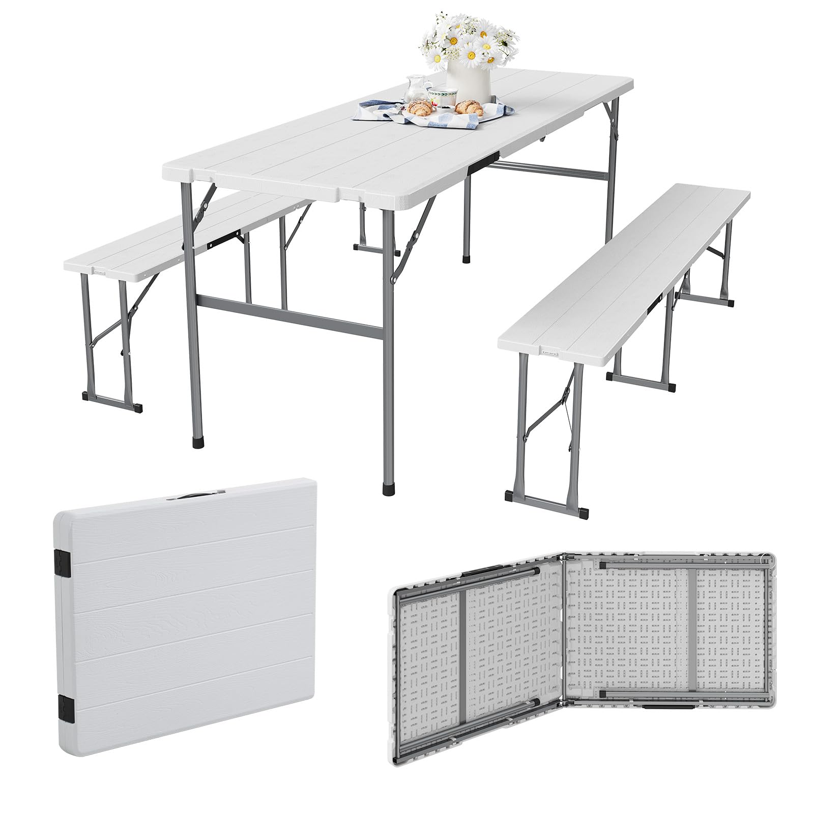 Aoxun Foldable Camping Table & Folding Picnic Table Set–Portable Fold Up Table with 2 Benches,Metal Frame,178x66x74cm Table & 160x25x40cm Benches,Ideal for Outdoor Garden Camping(White)