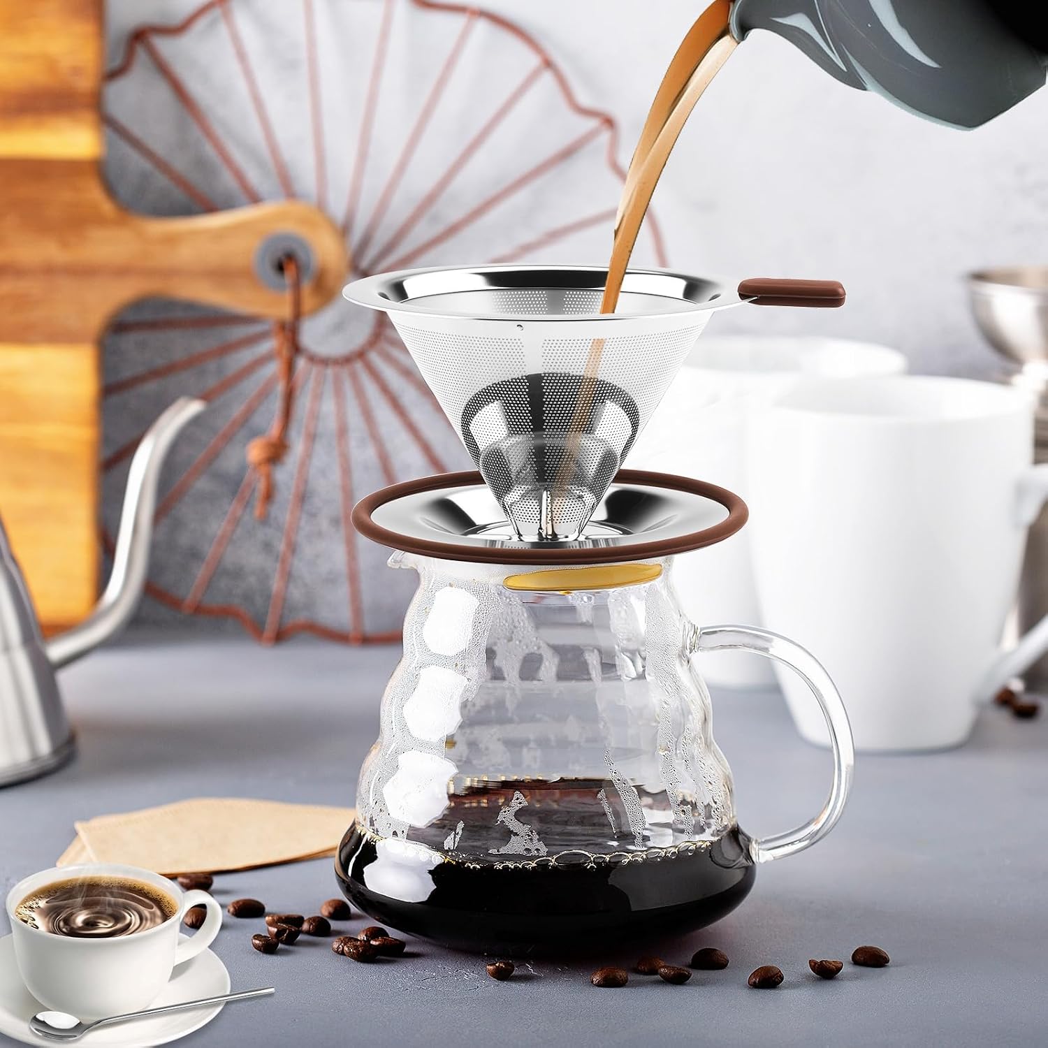 Americano Reusable Coffee Filters, Coffee Filter Coffee Maker with Stand Holder, Permanent Stainless Steel Coffee Filter Suitable for Manual Machines with Spoon and Brush image 3