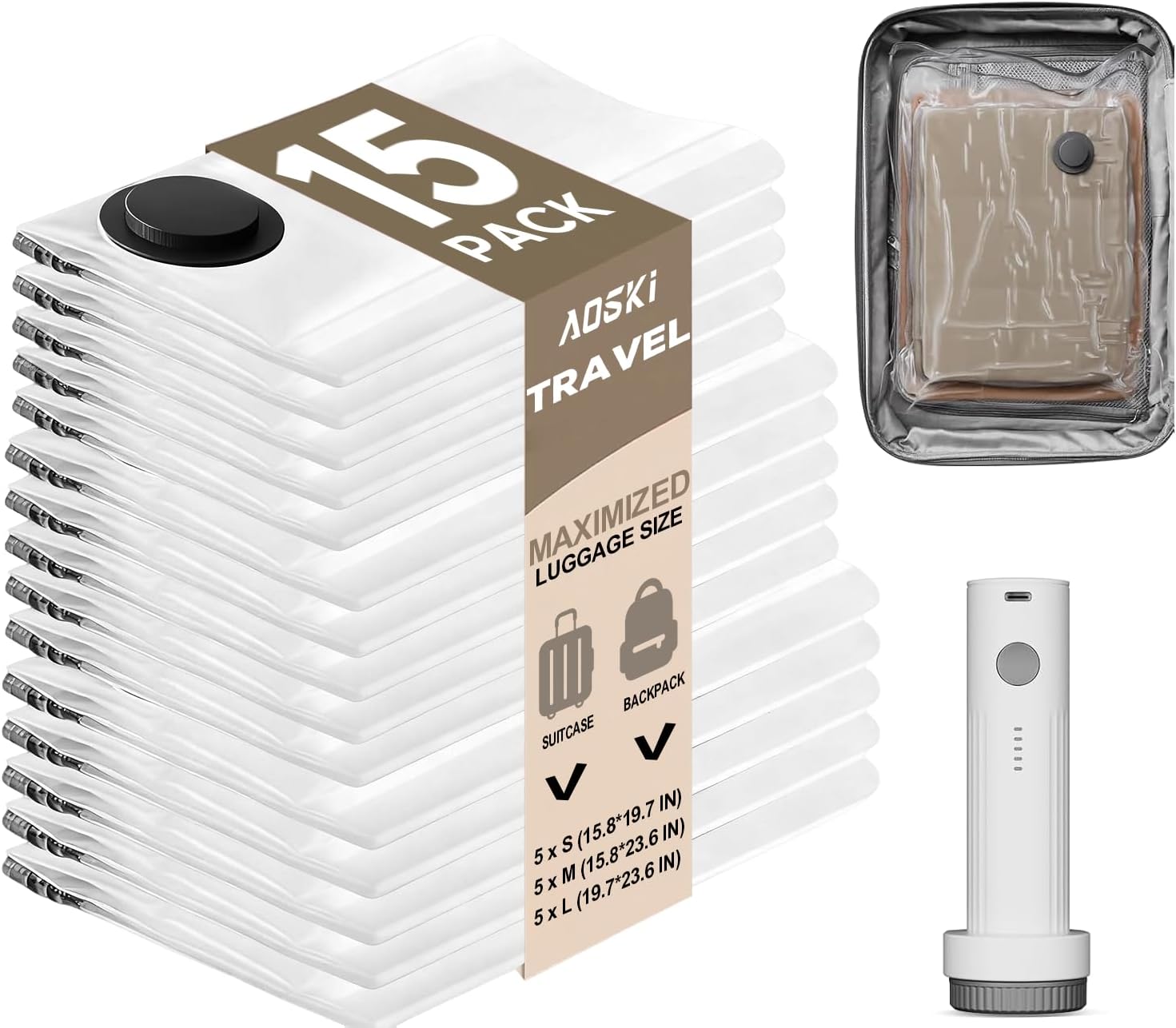 Product image of Vacuum Seal Bags with Rechargeable Pump - 15 Pack Clothes Storage for Small Space Family Seasonal Organizers - Home Travel Trip Use with 5 Large 5 Medium 5 Small