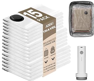 Vacuum Seal Bags with Rechargeable Pump - 15 Pack Clothes Storage for Small Space Family Seasonal Organizers - Home Travel Trip Use with 5 Large 5 Medium 5 Small - Amazon product rated Grade B