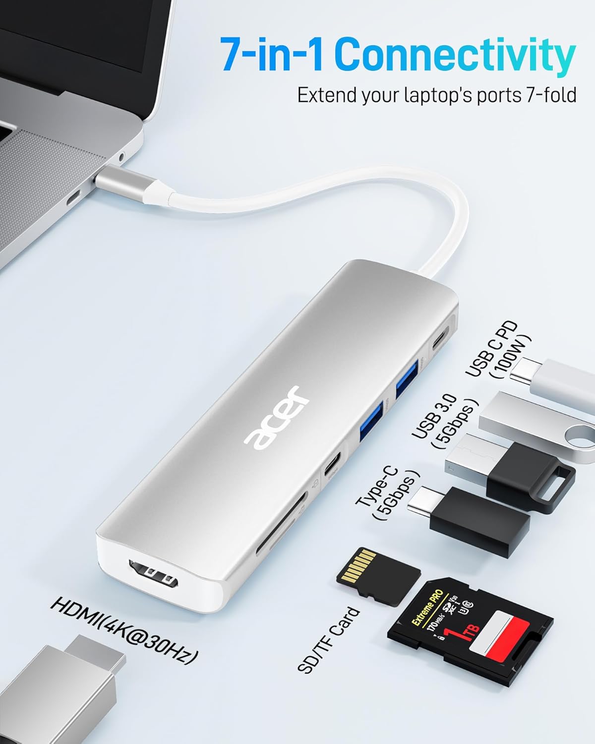 Acer USB C Dock, 7 in 1 USB-C to HDMI Hub, 2 USBA 3.1 GEN1 and 5Gbps Type-C Data Port, 4K HDMI Port, PD 100W Charging, SD Card Reader, for iPad Pro MacBook Pro Laptops and More (Silver) - Image 2
