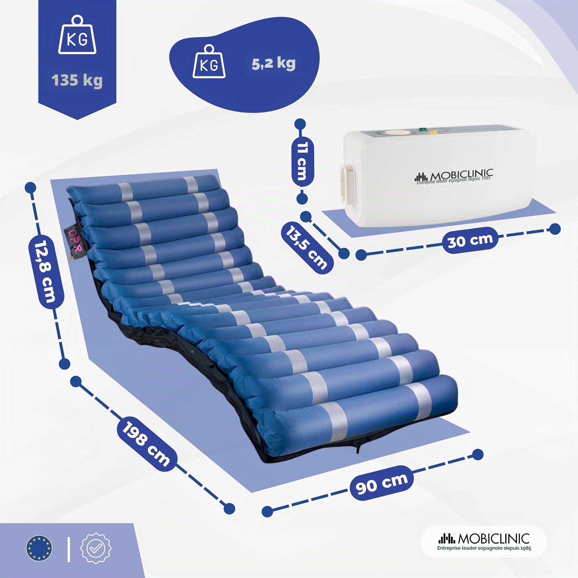 Mobiclinic® Pro, Matelas Anti-escarres, Compresseur Silencieux, 198x86x12, 8cm, Mobi 3, Alternatif, Télécommande et Alarme, Facile à Nettoyer, Cellule de Rechange, Jusqu'à 135 kg