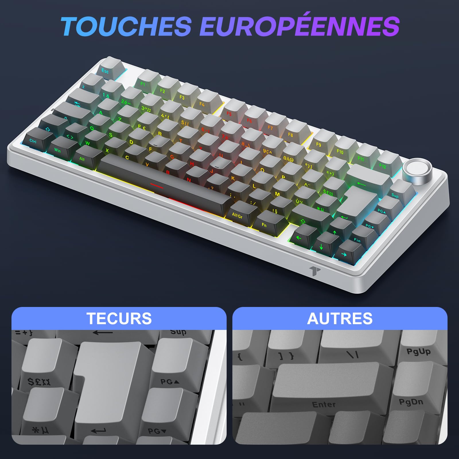 TECURS 75% Gasket Clavier Gamer sans Fil Tri Mode 2.4Ghz/BT5.0/Filaire - Clavier Mécanique Switch Rouges RGB, Hot Swap Personnalisé, Gravur Latéral, Touches PBT, Molette Knob - AZERTY FR - Windows/Mac