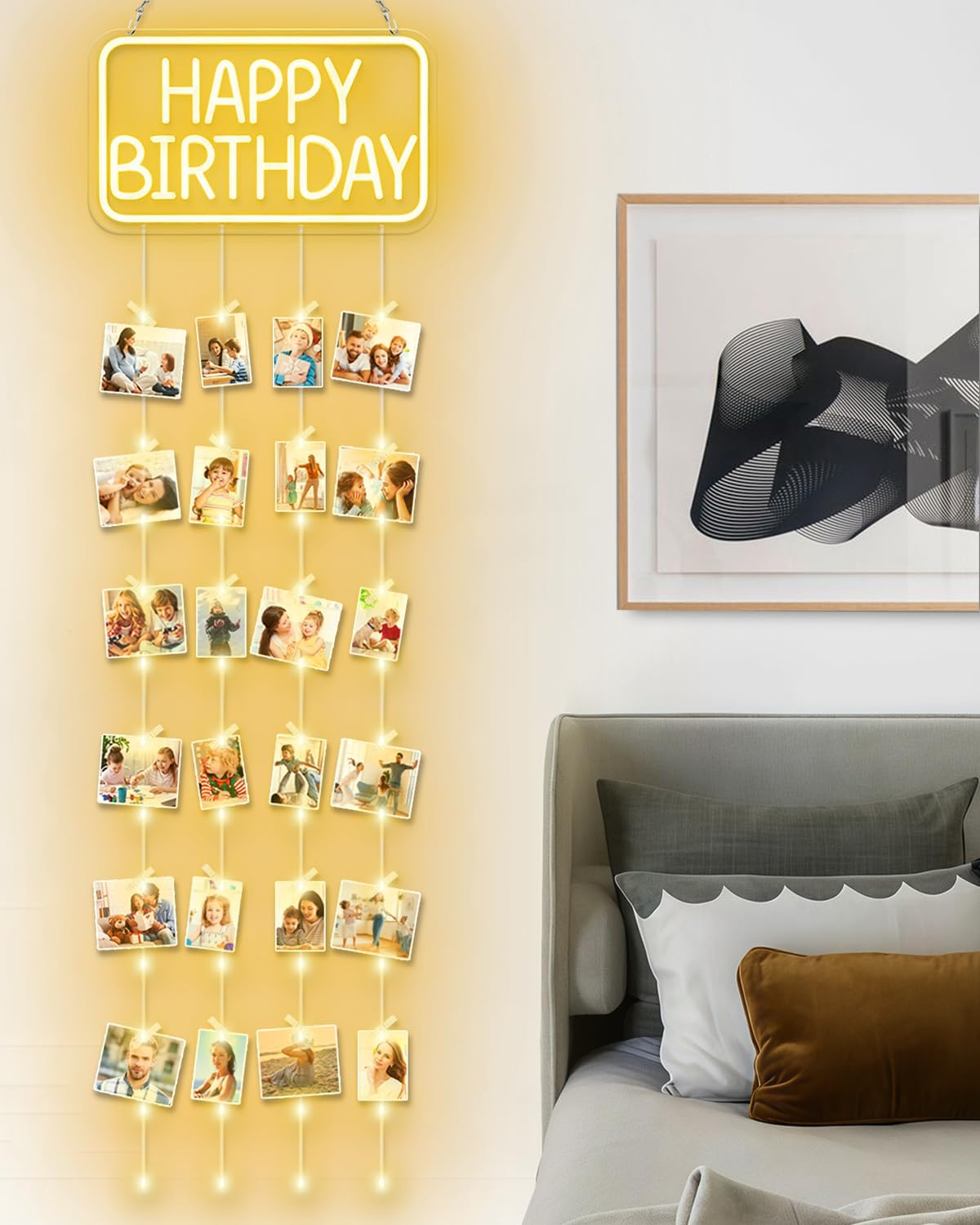 Birthday Hanging Photo Display Wall Decor Happy Birthday Neon Sign Picture Frames Collage Board with 4 String Lights and 30 Clips for Birthday Party Wall Decorations