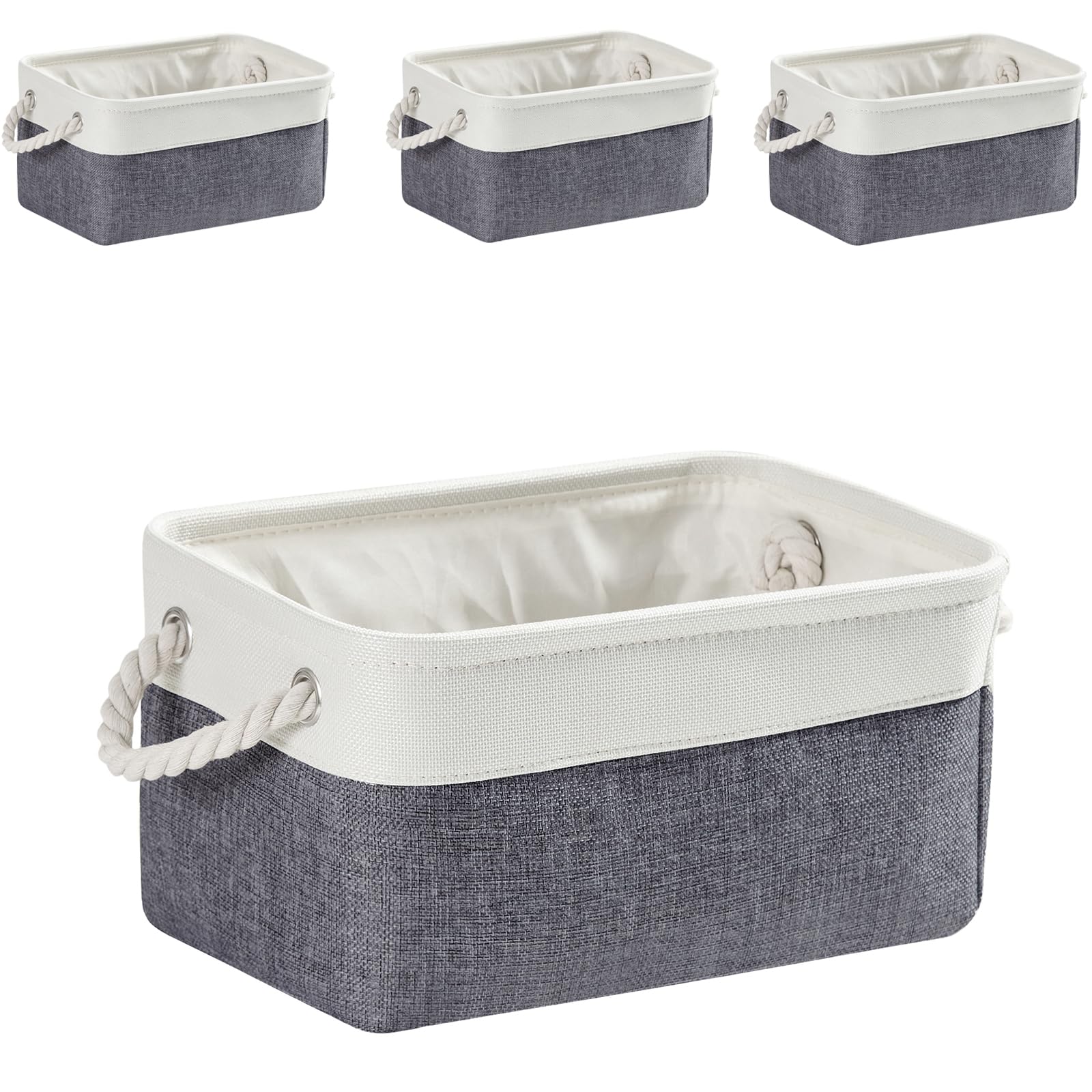 Mangata Fabric Storage Box set of 4, Foldable Fabric Storage Baskets with Handles for Cupboards, Wardrobe, Shelves, Bathroom, Clothes, Toys, Towel (Medium, Cold Grey White)