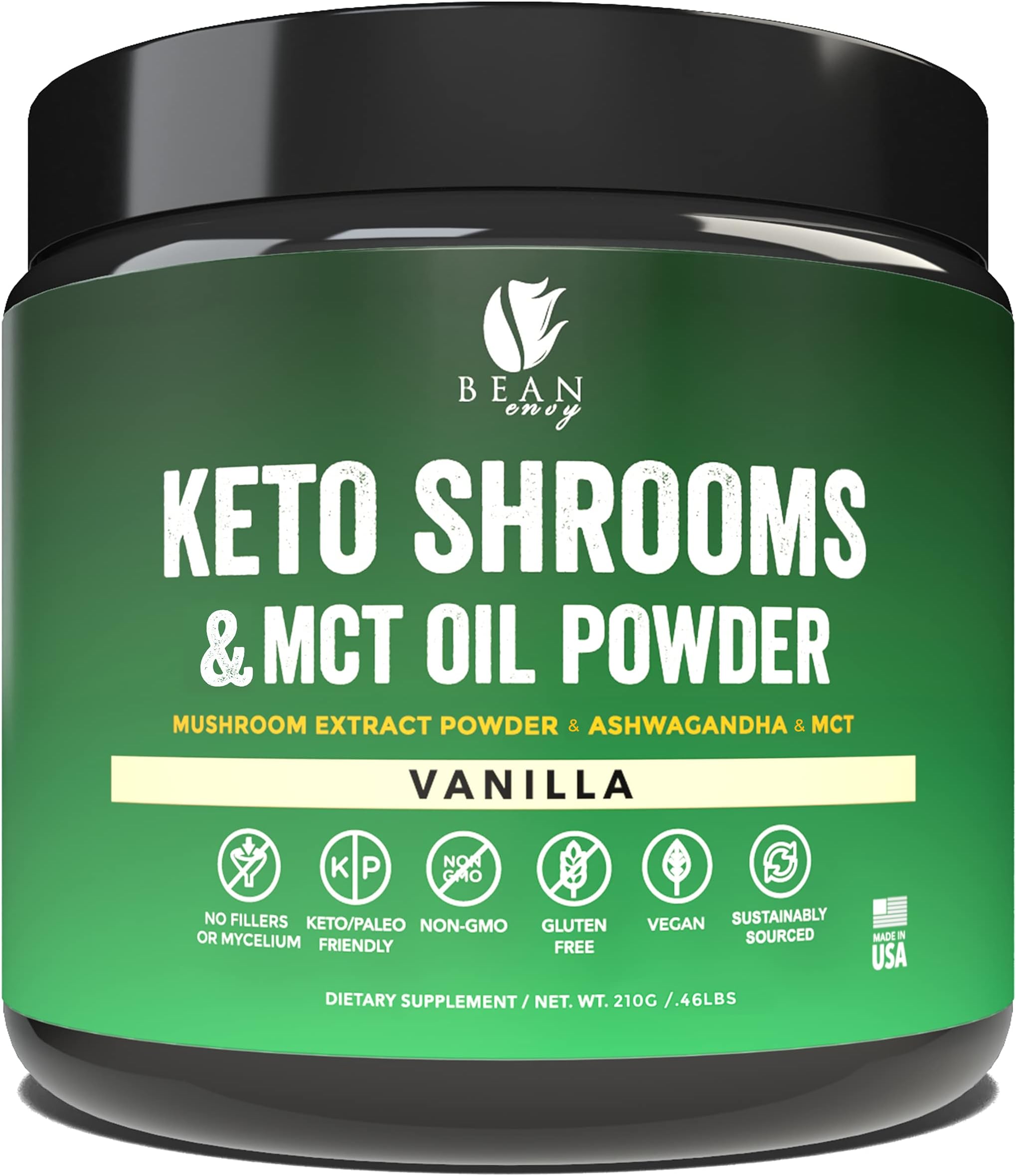Bean Envy Mushroom Powder - Keto Shrooms Mushroom Blend of Lion's Mane, Reishi, Chaga, Cordyceps and Shiitake w/MCT & Ashwagandha - Gluten-Free, Vegan and Keto-Friendly, Vanilla