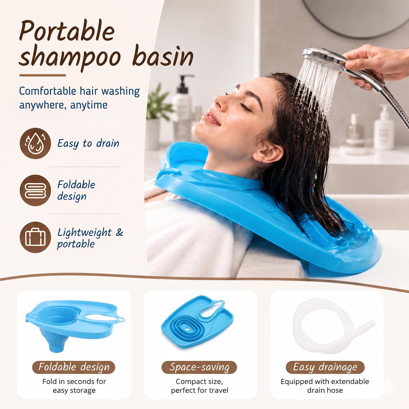 Lavabo plegable para el pelo postrado en cama, lavamanos de champú móvil, lavamanos de cabeza portátil con drenaje, ahorro de espacio, para personas mayores, embarazadas, salones y niños